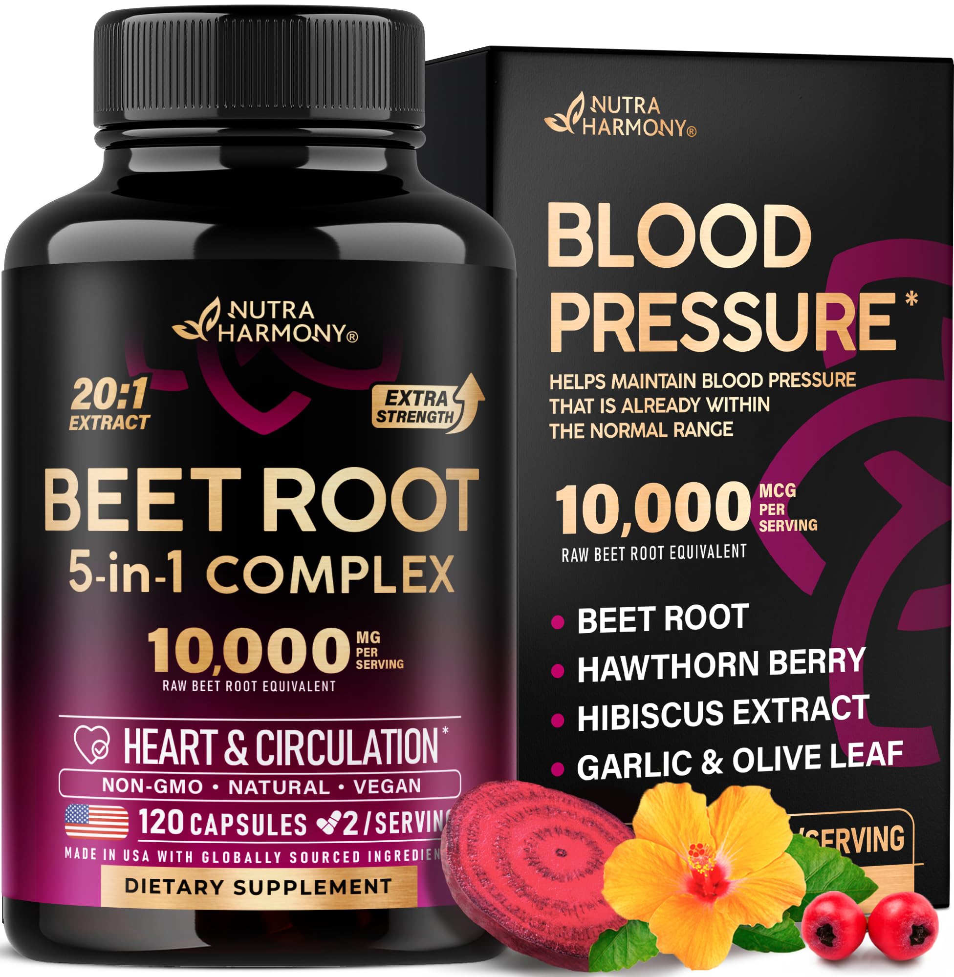 Beet Root Capsules 10000 mg - Healthy Blood Pressure Support Supplement** for Heart & Circulation Support - with Hawthorn Berry, Hibiscus & Garlic - Nitric Oxide for Energy - Made in USA, 120 Capsules
