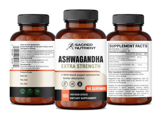 Sacred Nutrient Ashwagandha Organic Extra Strength Supplement with Black Pepper for Stress & Mood Support, Energy 300mg Extract (Equivalent 3000mg Herb), 100 Capsules