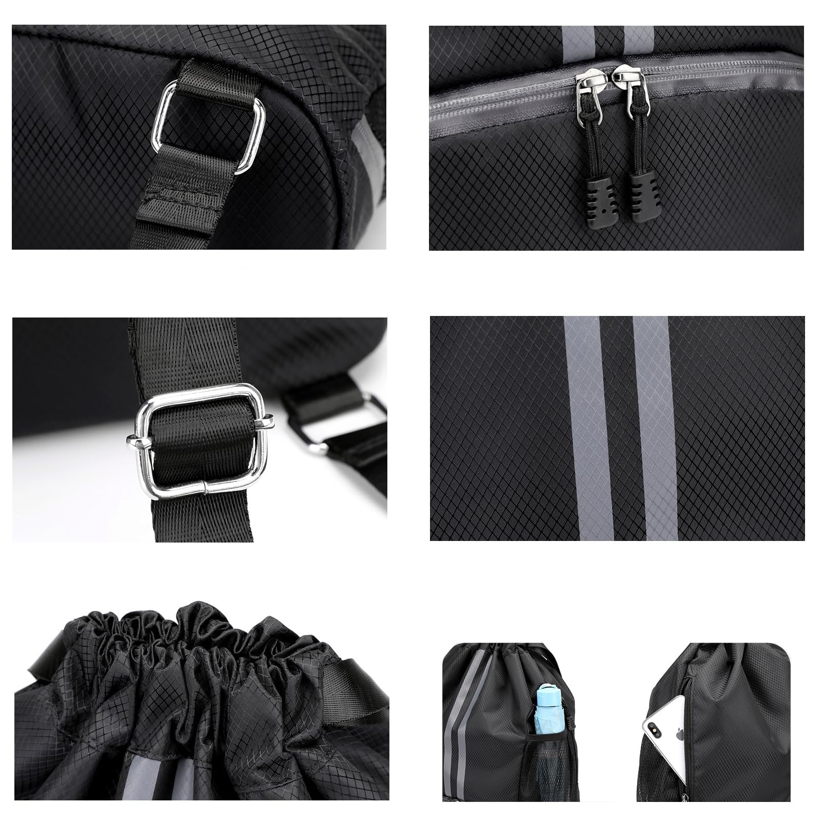 LOKAPEGY Black Drawstring Gym Bag for Men, Waterproof Drawstring Backpack for Women, Swim Bag with Shoes Compartment, Pull String Sport Bag for Soccer and Basketball.