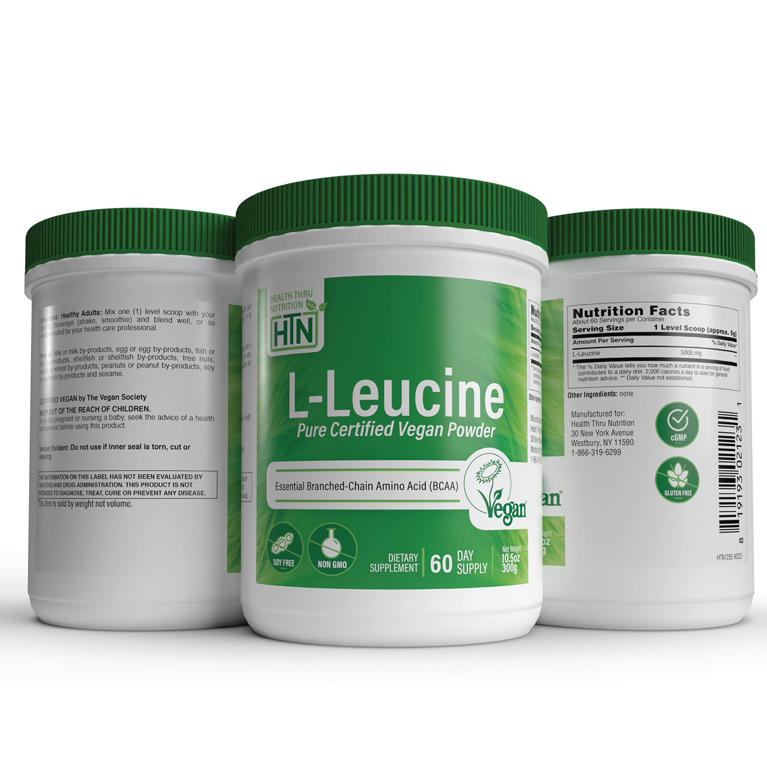 Health Thru Nutrition Pure L-Leucine Powder 300g | Certified Vegan | Fermented | Non-GMO | Essential BCAA | 3rd Party Tested | 5 Grams per Serving | (60 Servings)