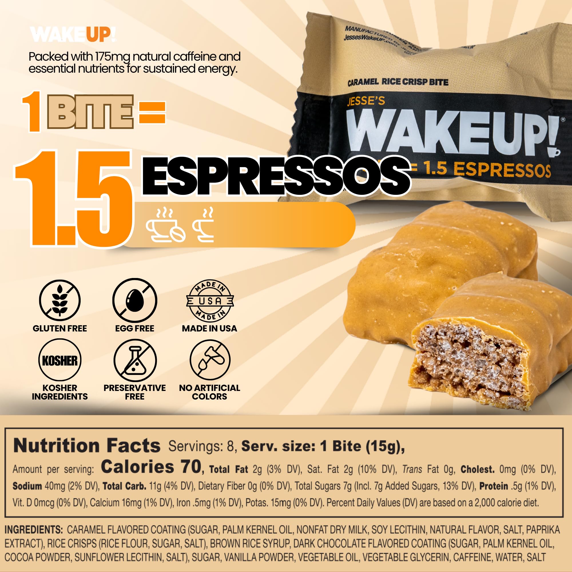 WAKE UP! Caffeinated Caramel Protein Bites - Gluten Free, Vegetarian, 175mg Caffeine (1 Bite = 1.5 Espressos) - Boosts Focus and Clarity - Kosher Ingredients - 8 Pack