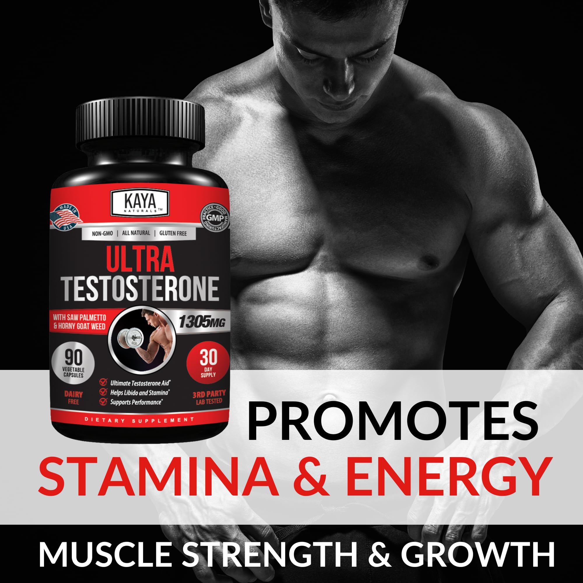 Kaya Naturals Ultra Testosterone - Men's Testosterone Booster with Tongkat Ali, Horny Goat Weed, Tribulus - Natural Workout Supplement for Energy, Stamina, and Strength Booster - 90 Count