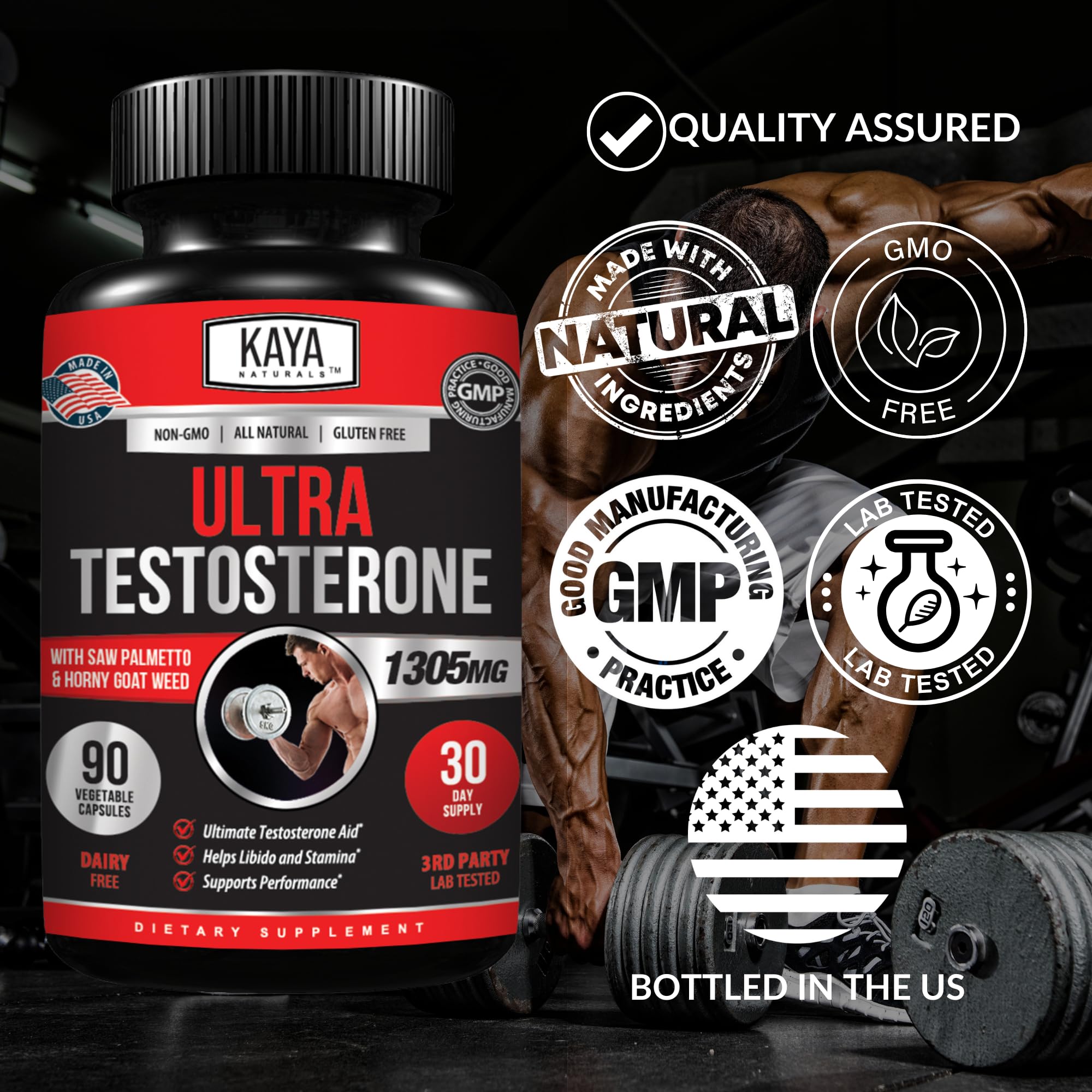 Kaya Naturals Ultra Testosterone - Men's Testosterone Booster with Tongkat Ali, Horny Goat Weed, Tribulus - Natural Workout Supplement for Energy, Stamina, and Strength Booster - 90 Count