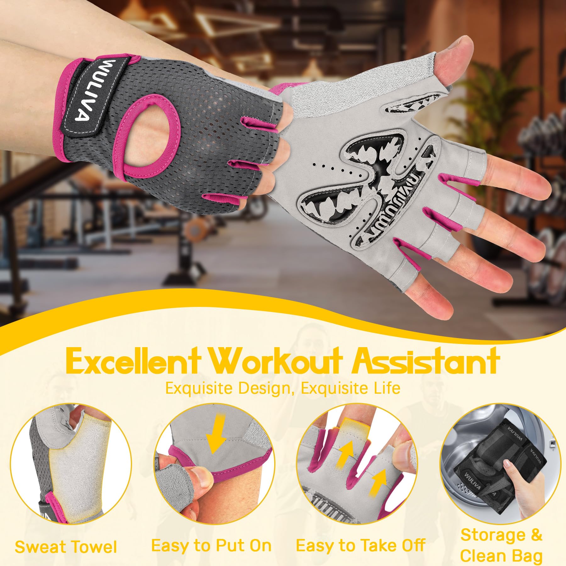 WULIVA Workout Gloves for Men and Women - Ideal for Light & Medium Gym Exercise Training & Cycling, Includes Padded Design, Detachable Wrist Strap & Storage Mesh Bag