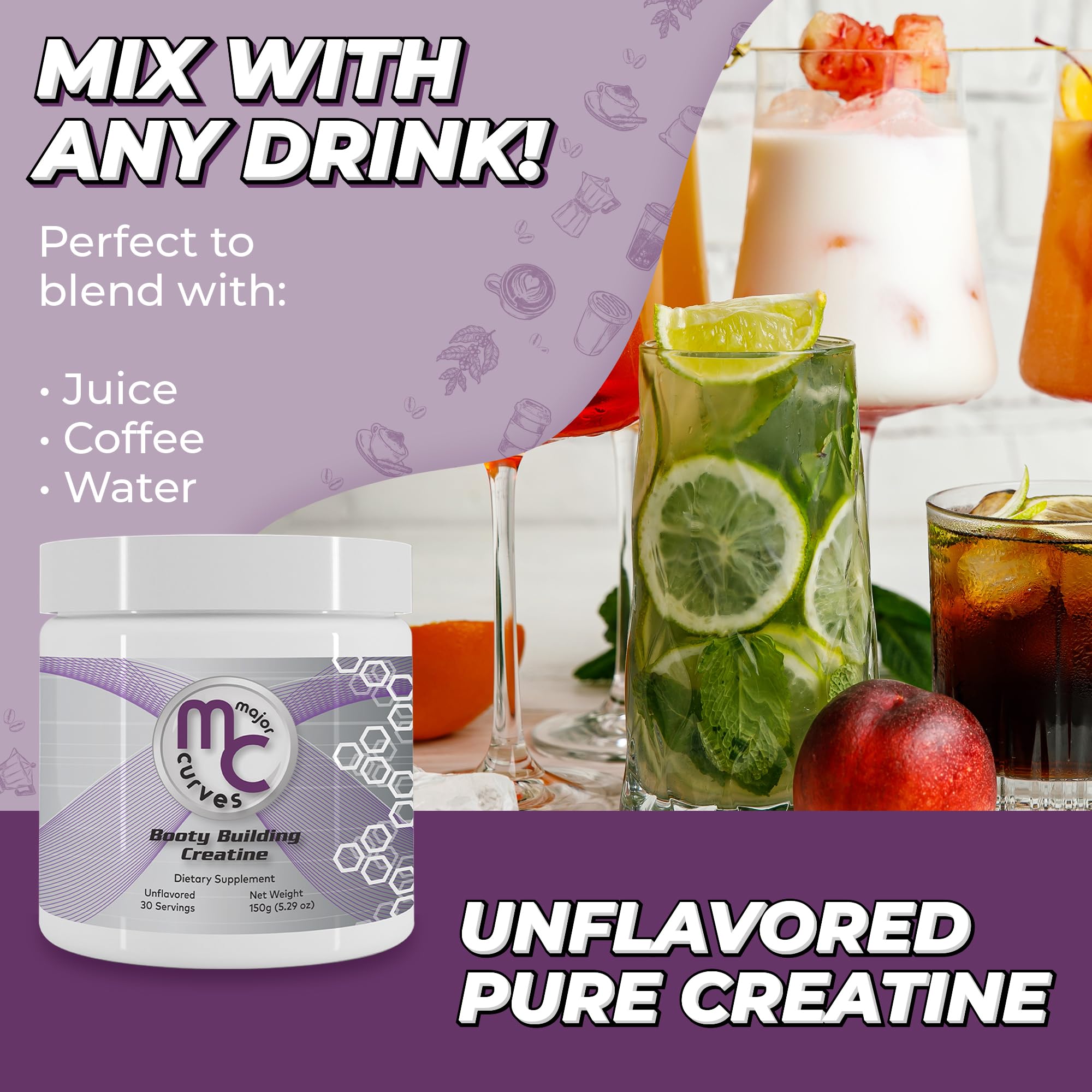 Major Curves Booty Building Creatine Powder for Women - Micronized Monohydrate The One Sol ution for Maximum Absorption and Gains - Unflavored Perfect Peach Booty and Bum Builder