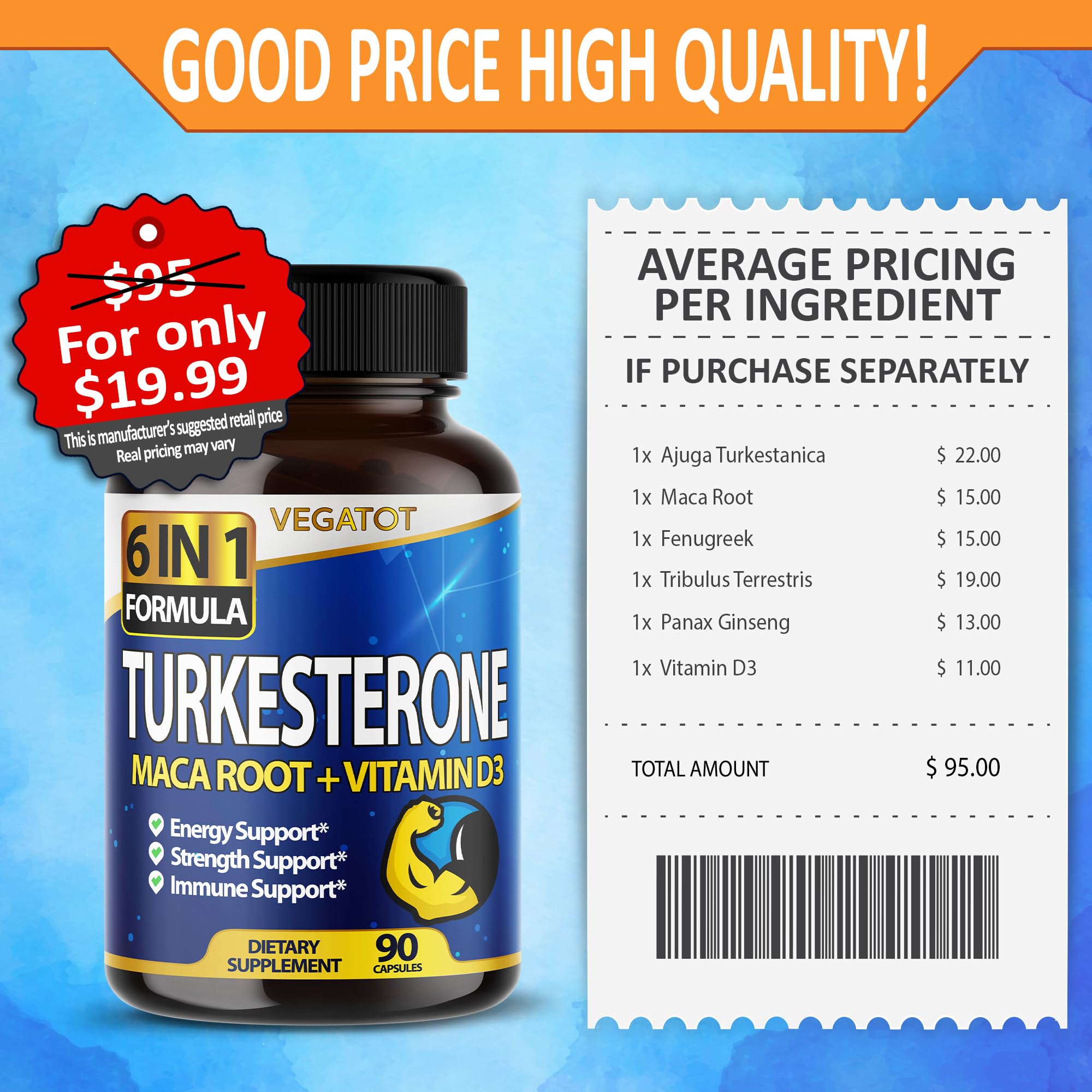 VEGATOT 6 in 1 High Strength Turkesterone 15500 mg Concentrated Extract with Maca Root Fenugreek Tribulus Boost Energy Stamina 3-Month Supply (60 Count (Pack of 1))