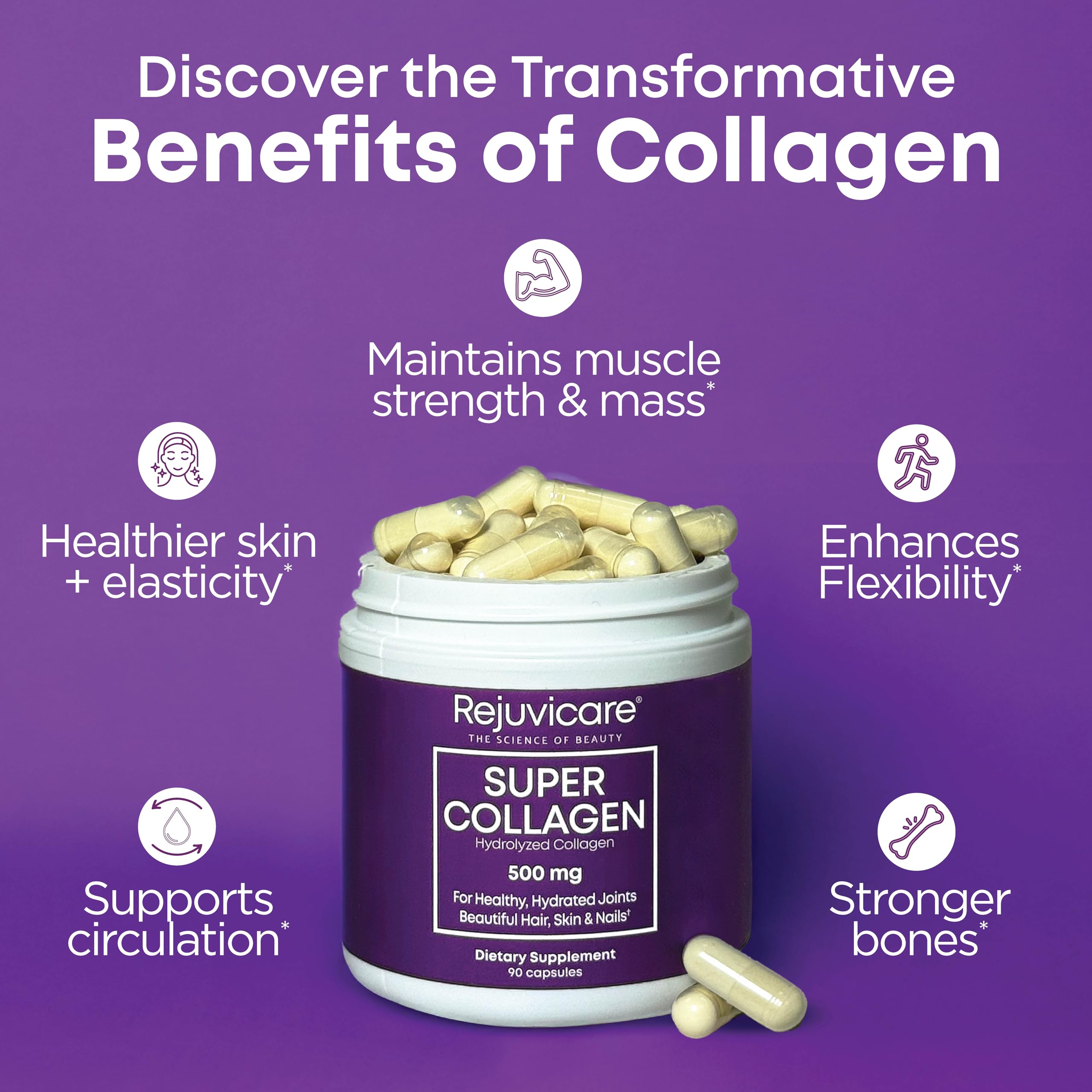 Rejuvicare Super Collagen Capsules for Beauty, Healthy Joints, Hair, Skin, & Nails, 90 Servings, Multi, (N8745)