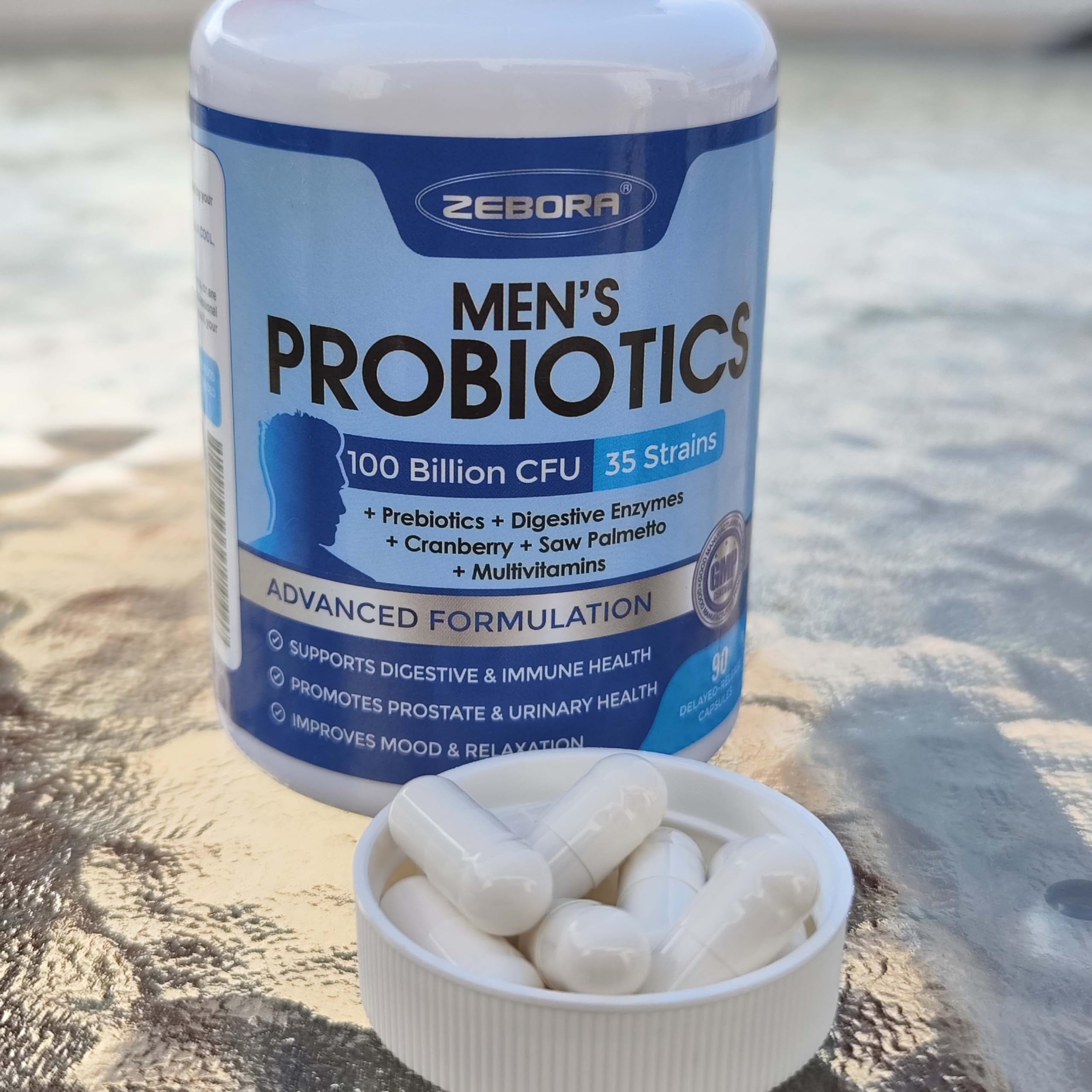 ZEBORA Probiotics for Men 100 Billion CFU - Probiotics for Digestive Health, Men's Probiotics Supplement, Prebiotics & Enzymes, for Prostate Health with Saw Palmetto | 90 Veg Capsules