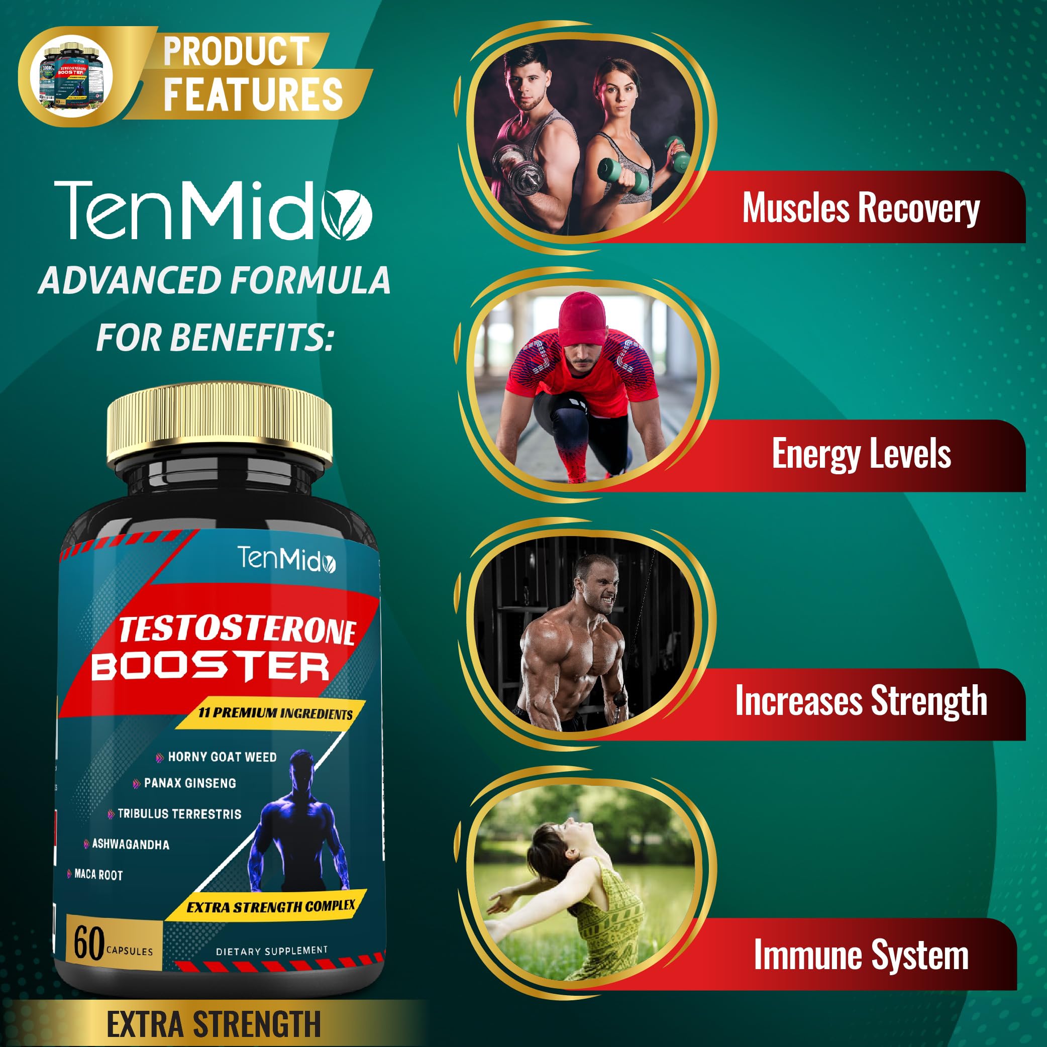 Tenmido 2 Packs of 60caps Testosterone Supplements Booster for Men, Equivalent to 10000mg - Natural Stamina, Endurance & Strength Supplement - Muscle Building Growth, Increasing Performance, Energy