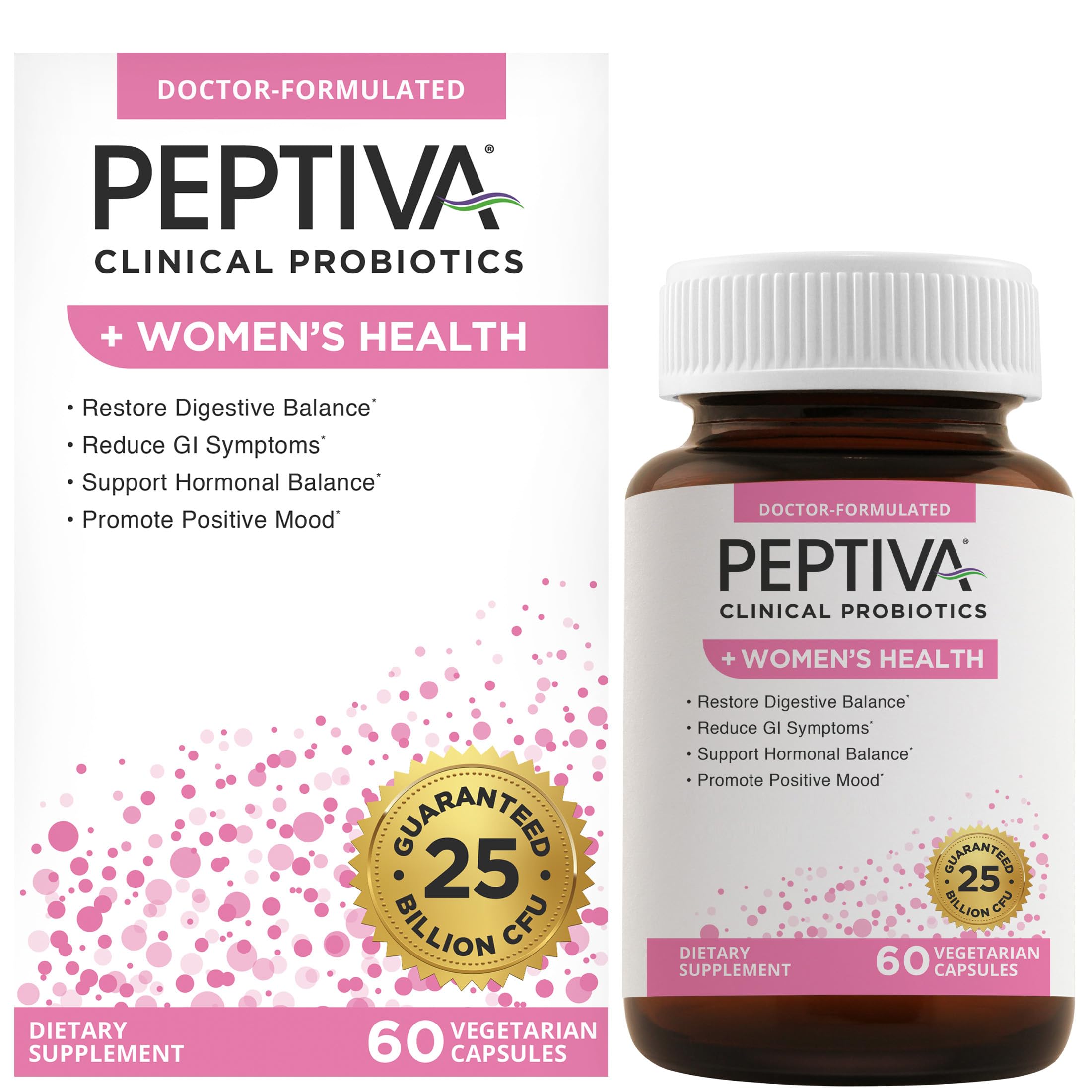 Peptiva Probiotics for Women's Health - Women's Probiotic and Digestive Support, 25 Billion CFU, Multi-Strain Probiotic, Lactobacillus Acidophilus, Bifidobacterium - 60 Vegetarian Capsules