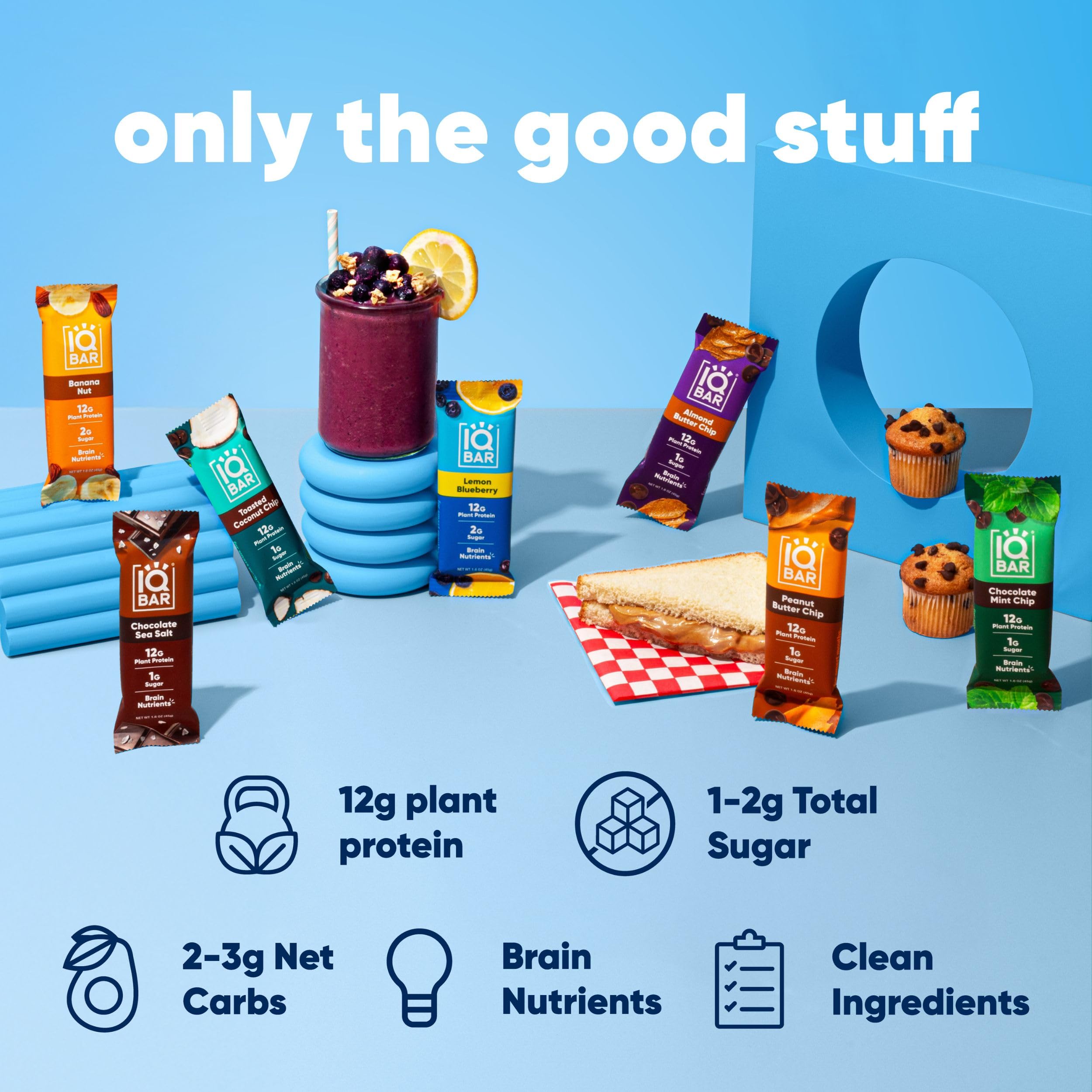 IQBAR Brain and Body Plant Protein Bars - 7 Bar Sampler Pack - Gluten Free, High Fiber, Vegan Snacks - Low Sugar Meal Replacement