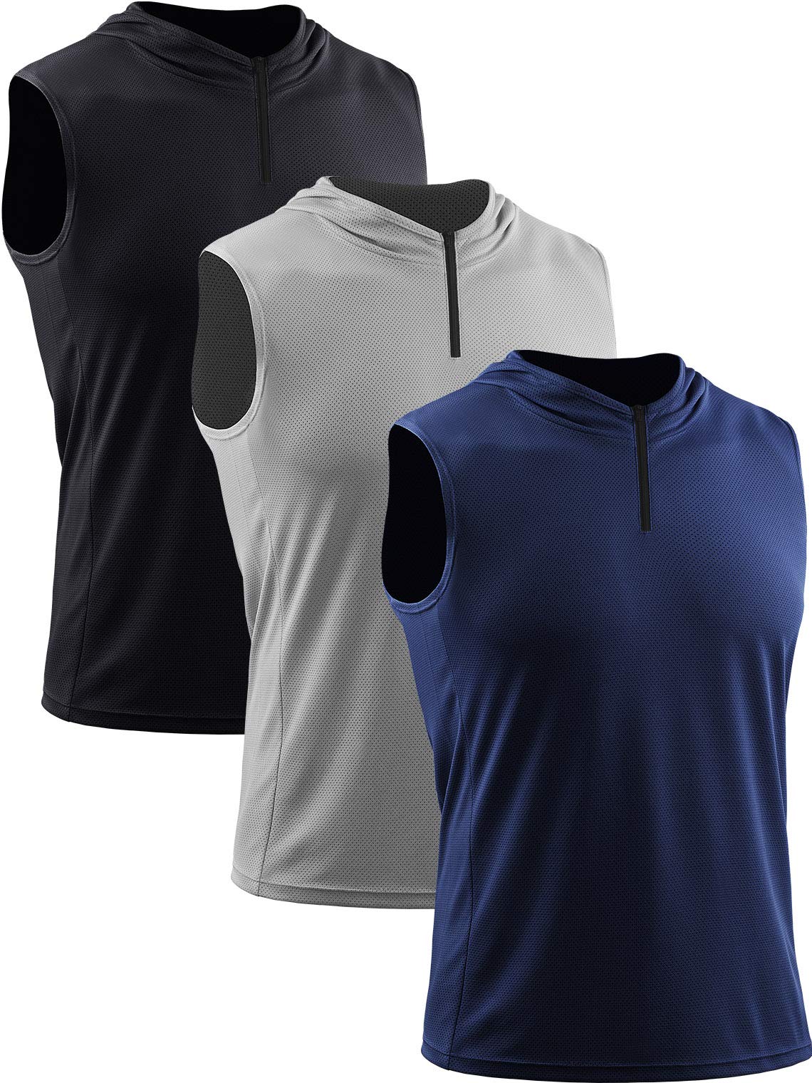 NELEUS Men's Running Tank Tops Sleeveless Athletic Workout Shirts with Hoods and Zipper,3 Pack,5099,Black/Grey/Navy Blue,L