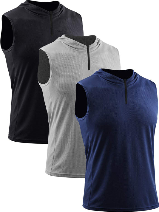NELEUS Men's Running Tank Tops Sleeveless Athletic Workout Shirts with Hoods and Zipper,3 Pack,5099,Black/Grey/Navy Blue,L