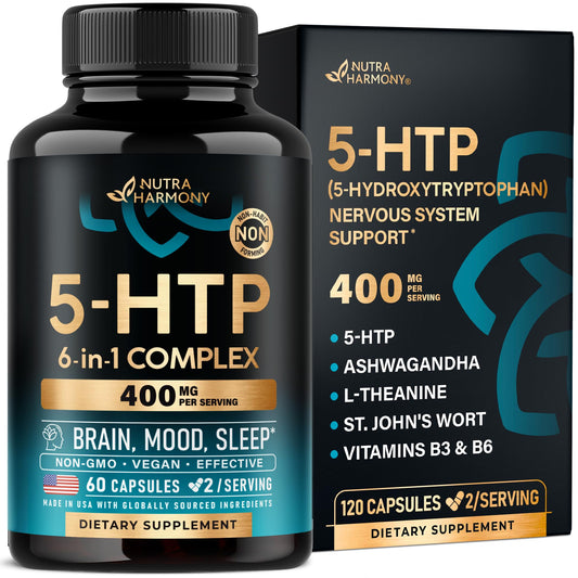 5HTP 400 mg Capsules - 5-HTP Supplement Tryptophan - Ashwagandha | L-Theanine | St. John's Wort | Vitamins B6 & D3 | 5 HTP - Sleep, Mood & Brain Support - NON-Habit Forming & Drug-Free - 60 Capsules