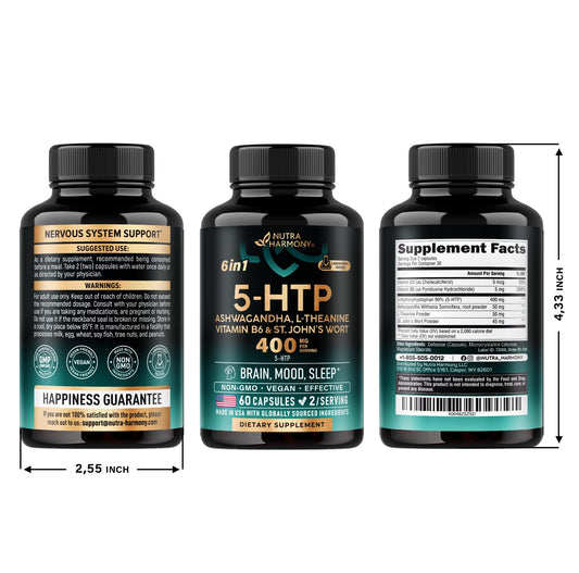 5HTP 400 mg Capsules - 5-HTP Supplement Tryptophan - Ashwagandha | L-Theanine | St. John's Wort | Vitamins B6 & D3 | 5 HTP - Sleep, Mood & Brain Support - NON-Habit Forming & Drug-Free - 60 Capsules