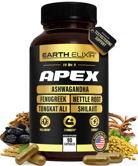 Apex Testosterone Supplement for Men – 11-in-1 Formula with Ashwagandha, Fenugreek Capsules, Tongkat Ali, Shilajit for men, Stinging Nettle Root, Vitamin D, Zinc & Boron – Natural Vitality & Energy