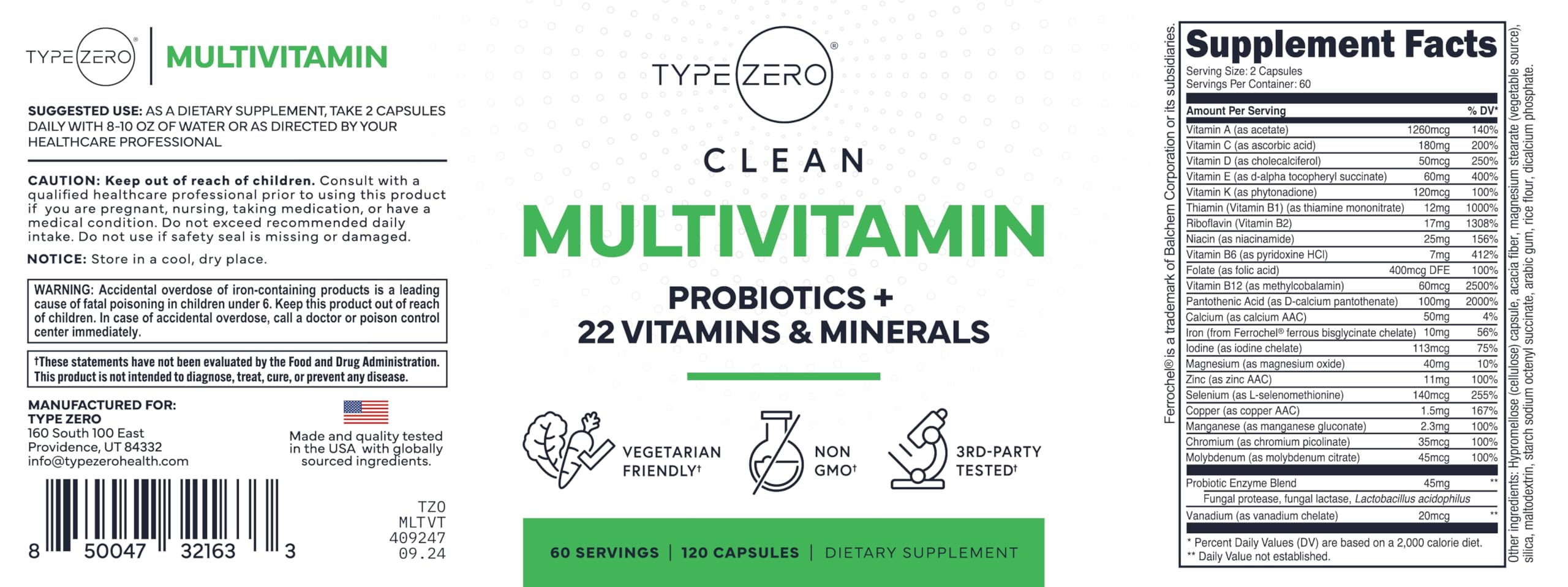 Type Zero Multivitamin Capsules (120 Capsules) (1300 mg) - with Probiotics + 22 Vitamins and Minerals, GMO-Free