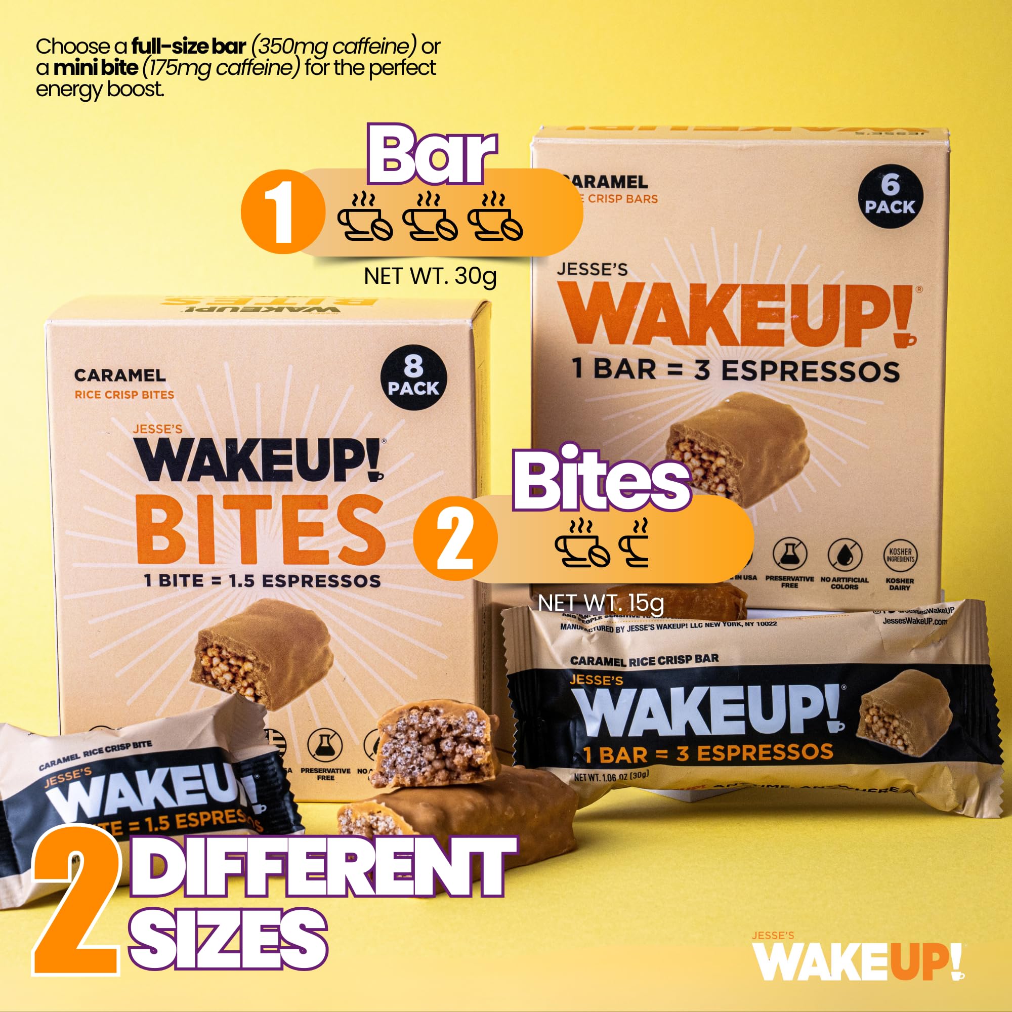 WAKE UP! Caffeinated Caramel Protein Bites - Gluten Free, Vegetarian, 175mg Caffeine (1 Bite = 1.5 Espressos) - Boosts Focus and Clarity - Kosher Ingredients - 8 Pack