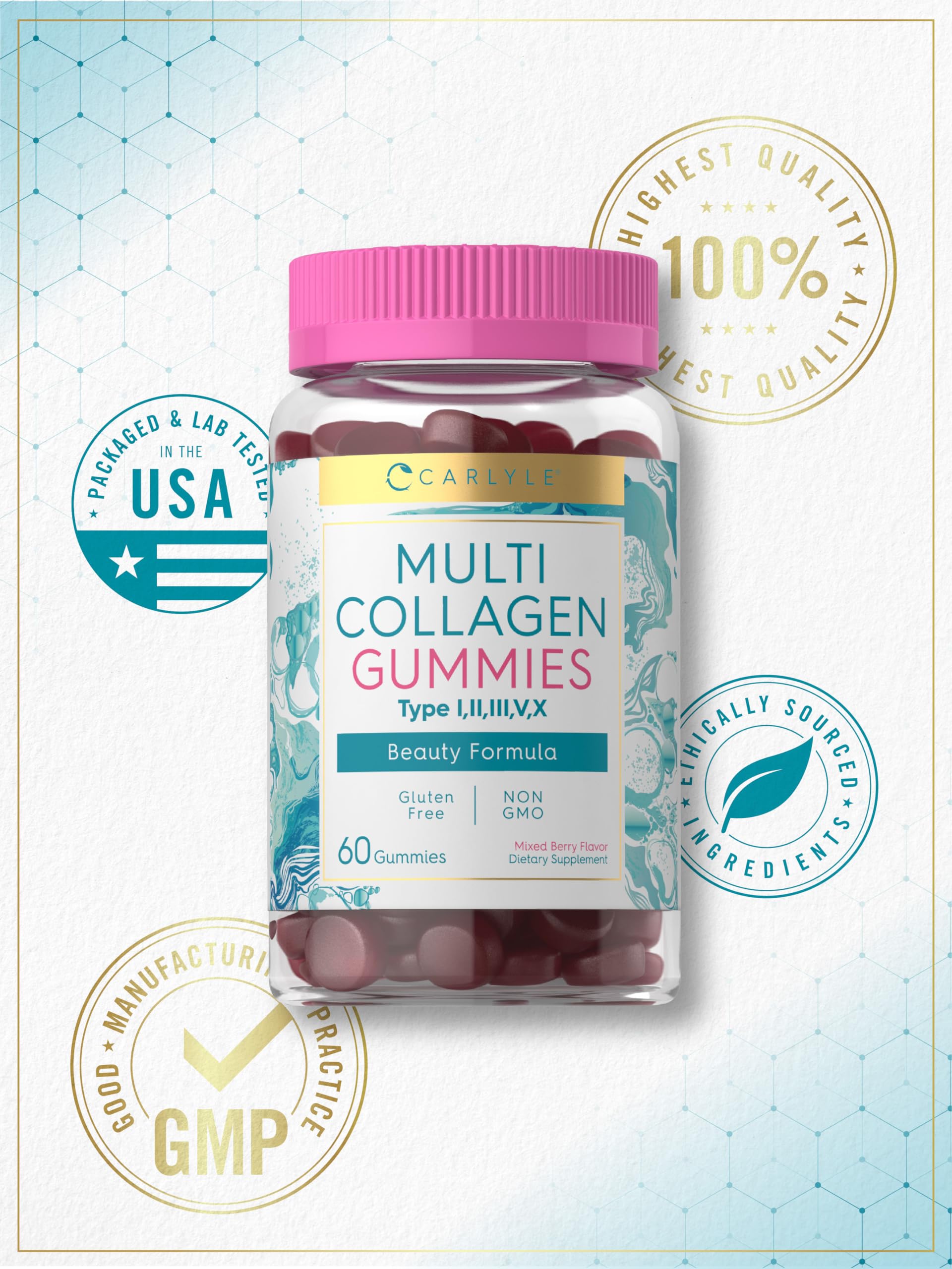 Carlyle Collagen Gummies | 60 Count | Multi Collagen Complex | Beauty Formula Supplement | Mixed Berry Flavor | Non-GMO, Gluten Free