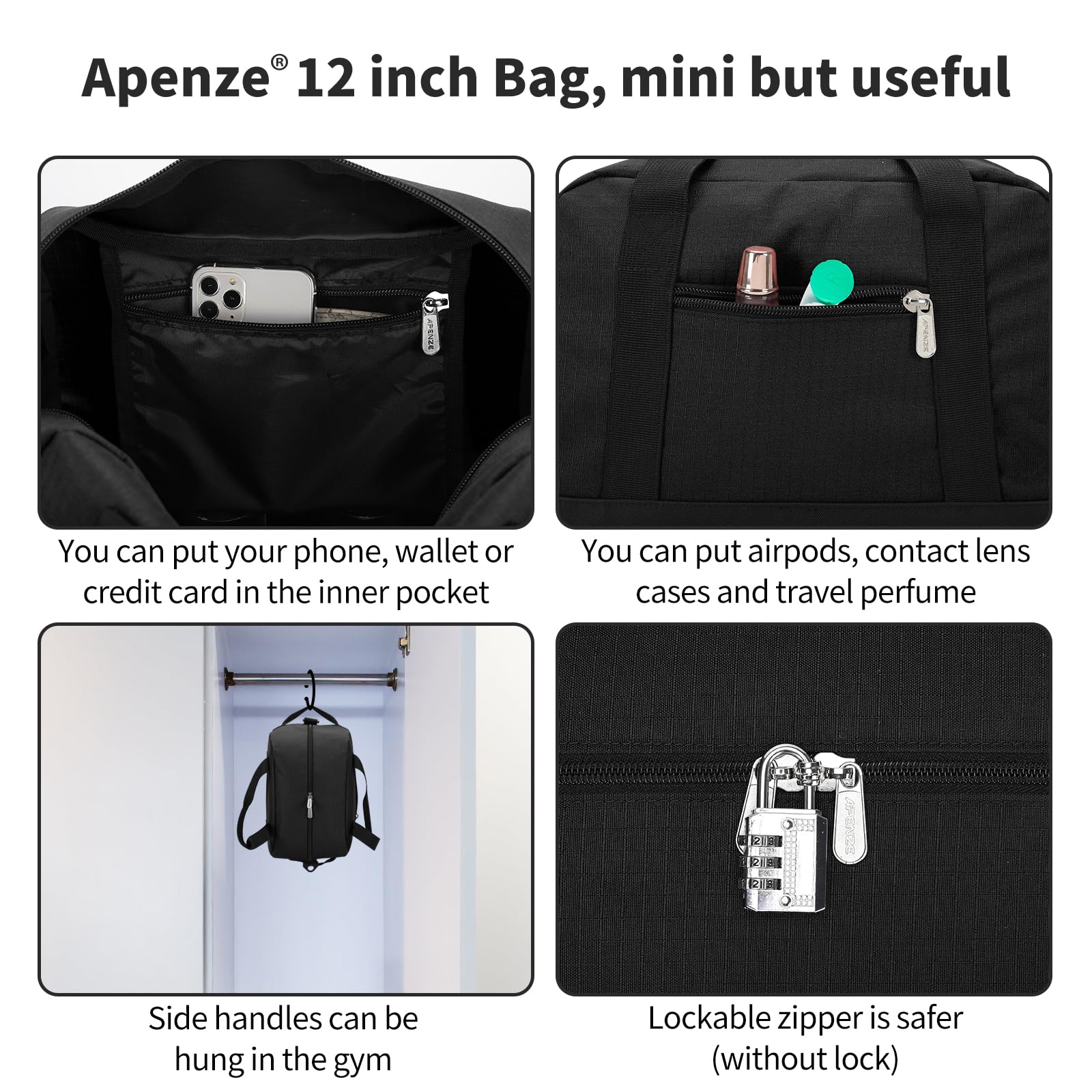 Apenze Small Gym Bag Carry On Bag - 12 in Mini Duffle Bag Lightweight for Overnight Travel（Black）