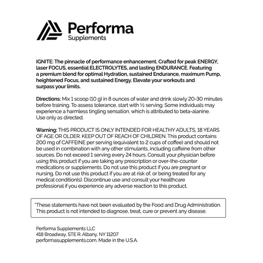 Performa Supplements Ignite Pre-Workout with Beta-Alanine, Caffiene, Citrulline and Alpha GPC Including Natural Flavoring and Zero Food Coloring- 30 Servings Summer Peach