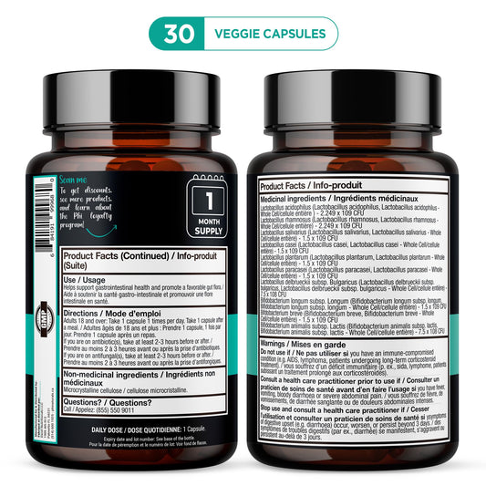 High Potency Probiotics 10 Strains – 30 Billion CFUs – [30 Vegan Capsules] Digestive Health Supplement for Men & Women – Shelf-Stable Lactobacillus Acidophilus Bifidobacterium – Immune Support