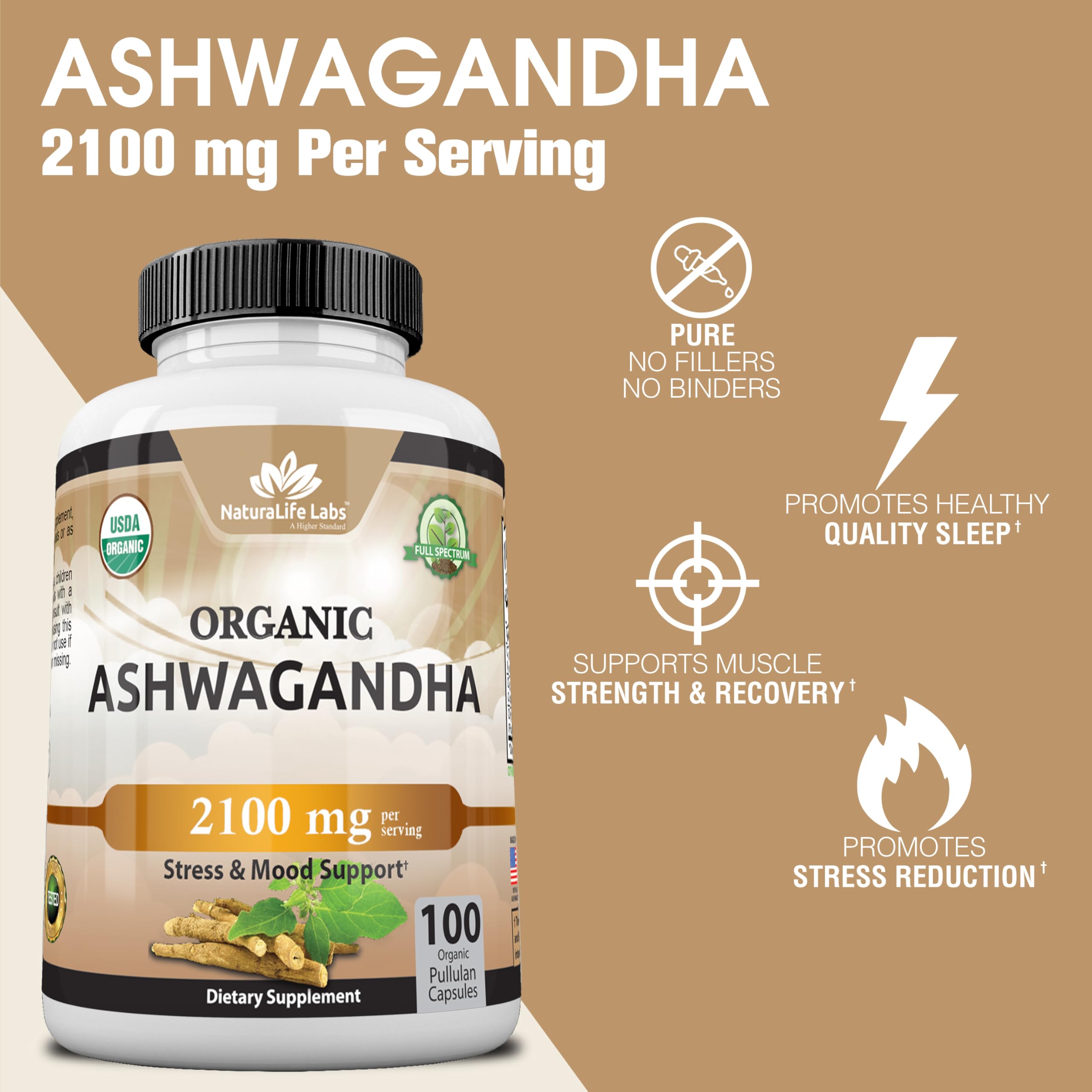 Organic Ashwagandha 2,100 mg - 100 Veggie Capsules Pure Organic Ashwagandha Powder and Root Extract - Stress Relief, Mood Enhancer