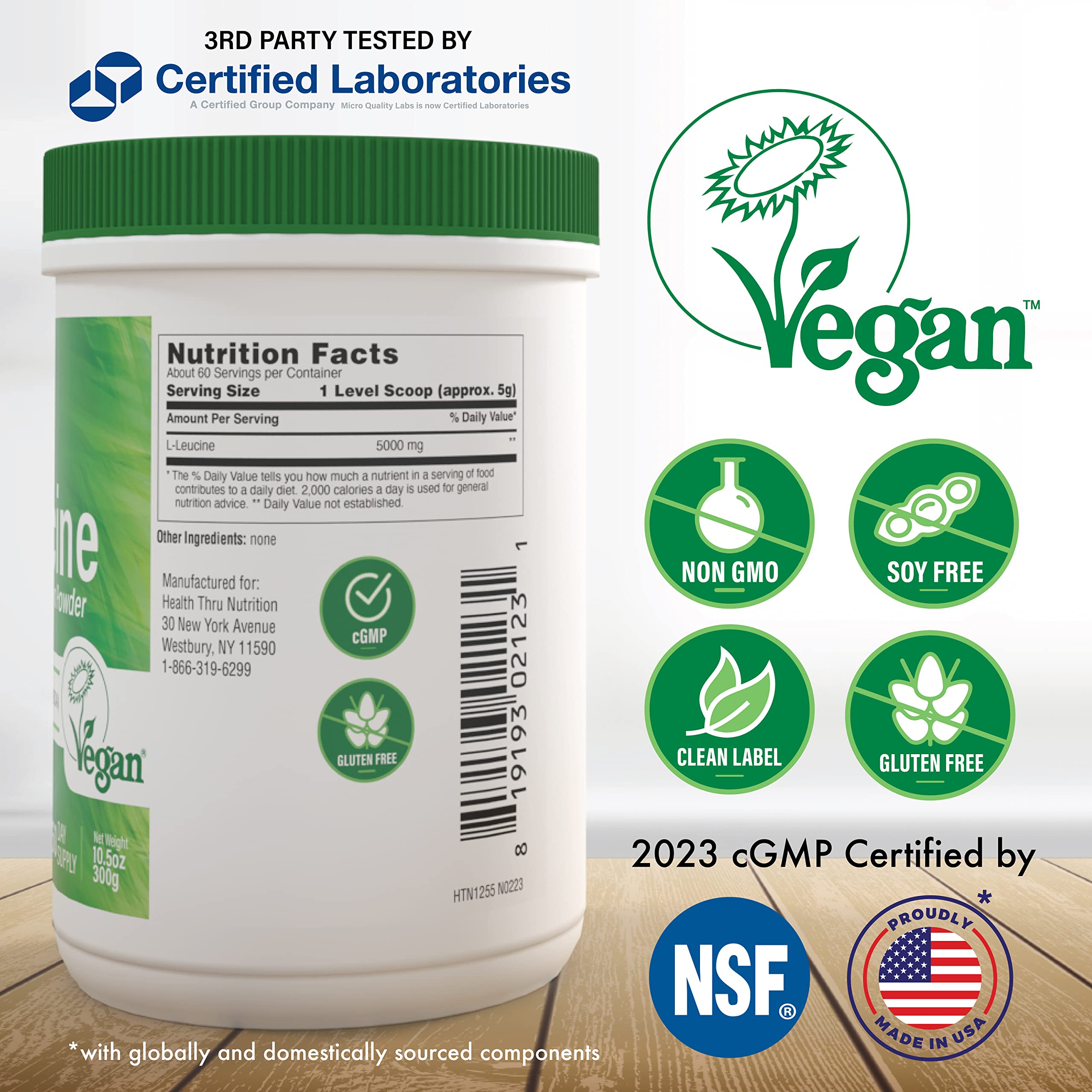 Health Thru Nutrition Pure L-Leucine Powder 300g | Certified Vegan | Fermented | Non-GMO | Essential BCAA | 3rd Party Tested | 5 Grams per Serving | (60 Servings)