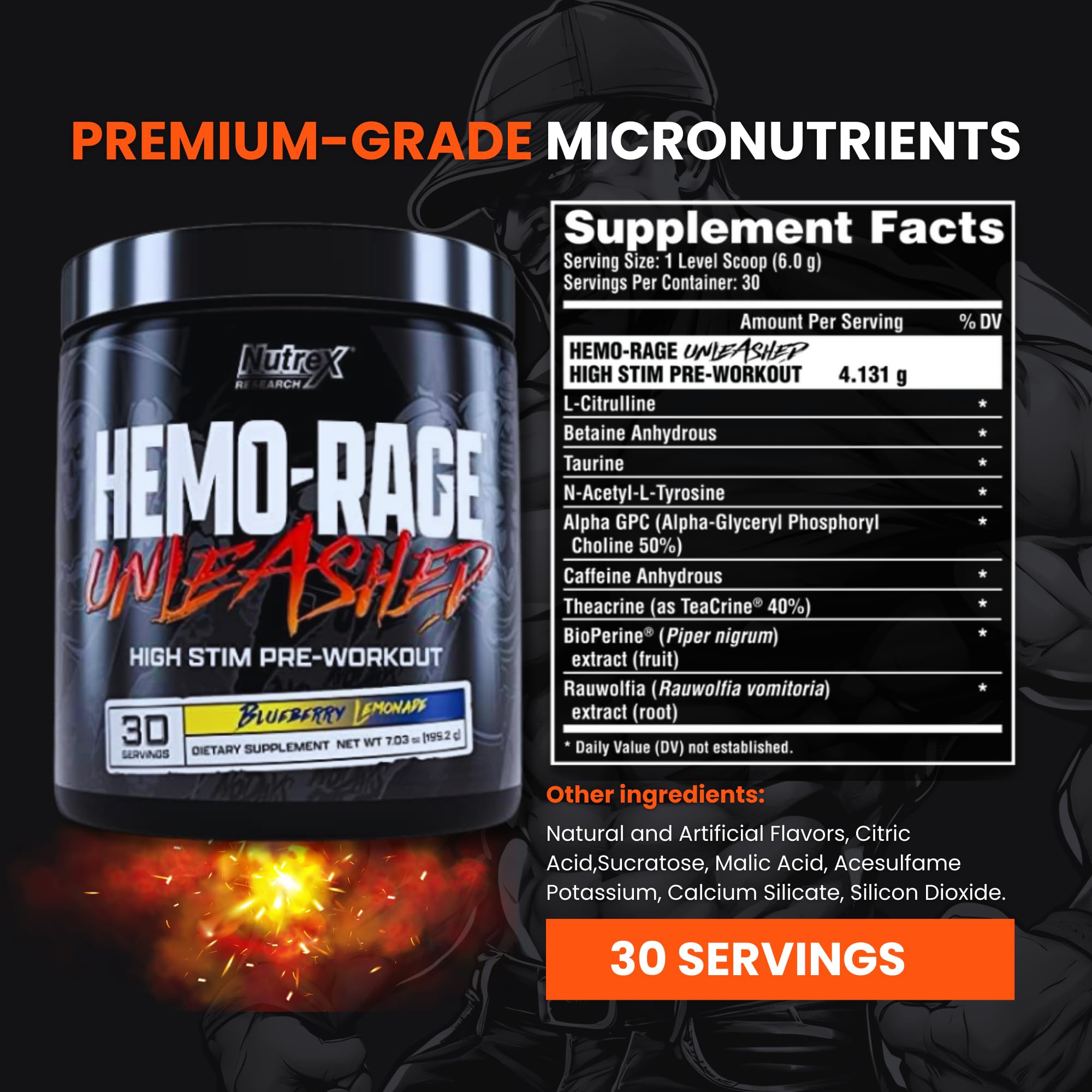 Nutrex Research Hemo-Rage Extreme High Stim Pre Workout Powder | Insane Lasting Energy, Focus, Endurance & Pump Booster Preworkout Supplement | Blueberry Lemonade 30 Servings