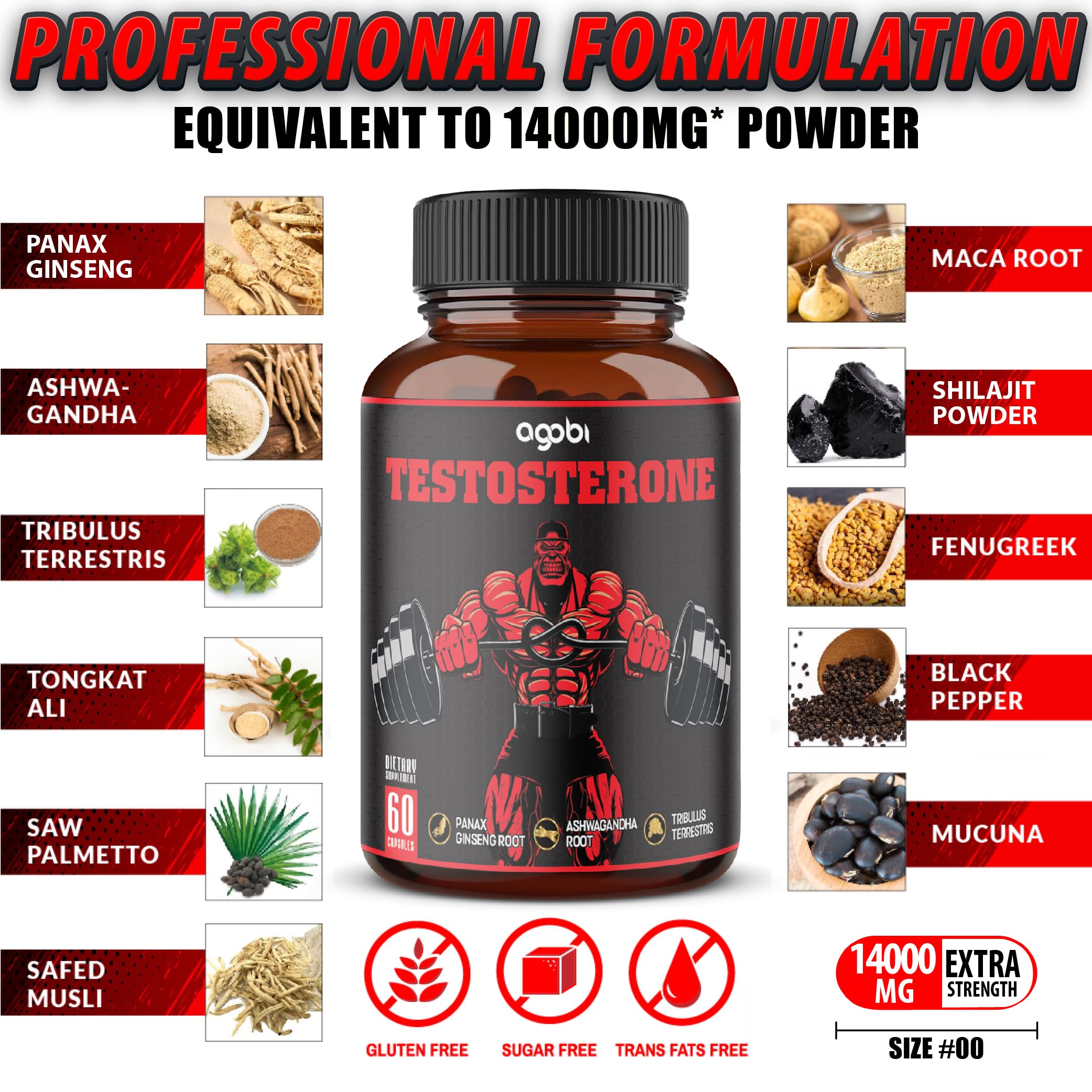 agobi Testosterone Supplement for Men - 11 Potent Herbs - Ashwagandha, Tribulus, Ginseng & More - 60 Capsules for 1 Month