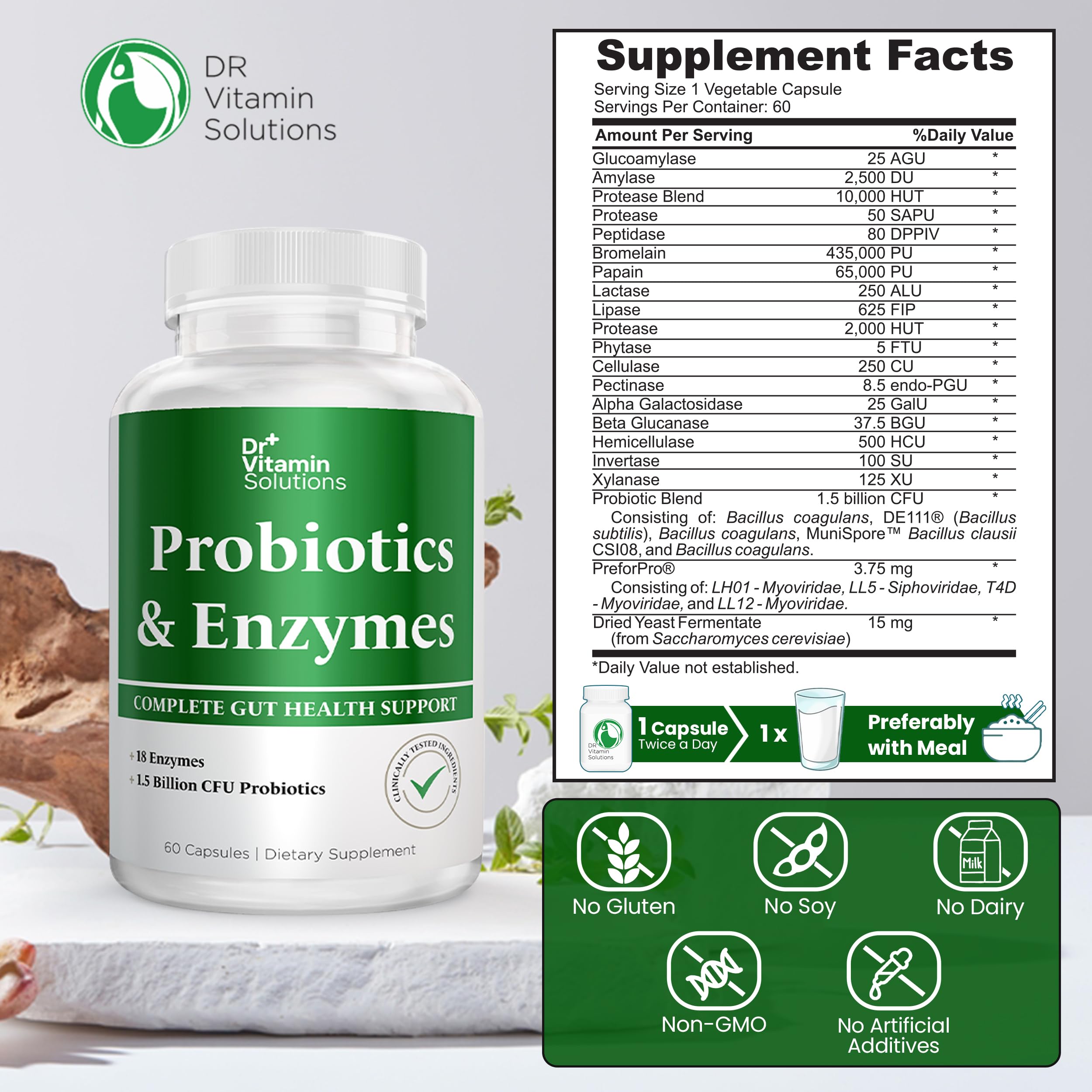 Dr. Vitamin Multi Enzymes, Pre and Probiotics for Digestive Health | 18 Active Enzymes & 1.5 Billion CFU Probiotics for Women & Men | Digestive Enzymes w/Prebiotics for Bloating Relief | 60 Capsules