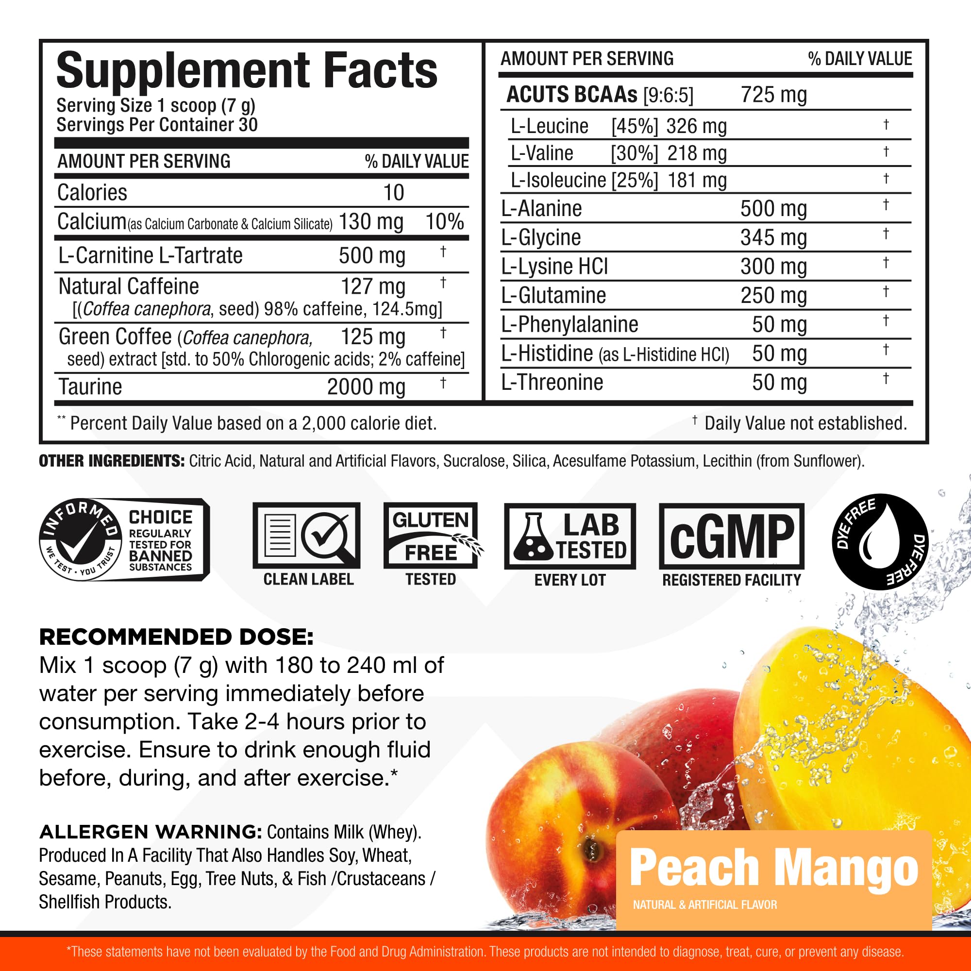 ALLMAX Nutrition AMINOCUTS (ACUTS), Amino-Charged Energy Drink with Taurine, L-Carnitine, Green Coffee Bean Extract, Peach Mango, 30 Servings