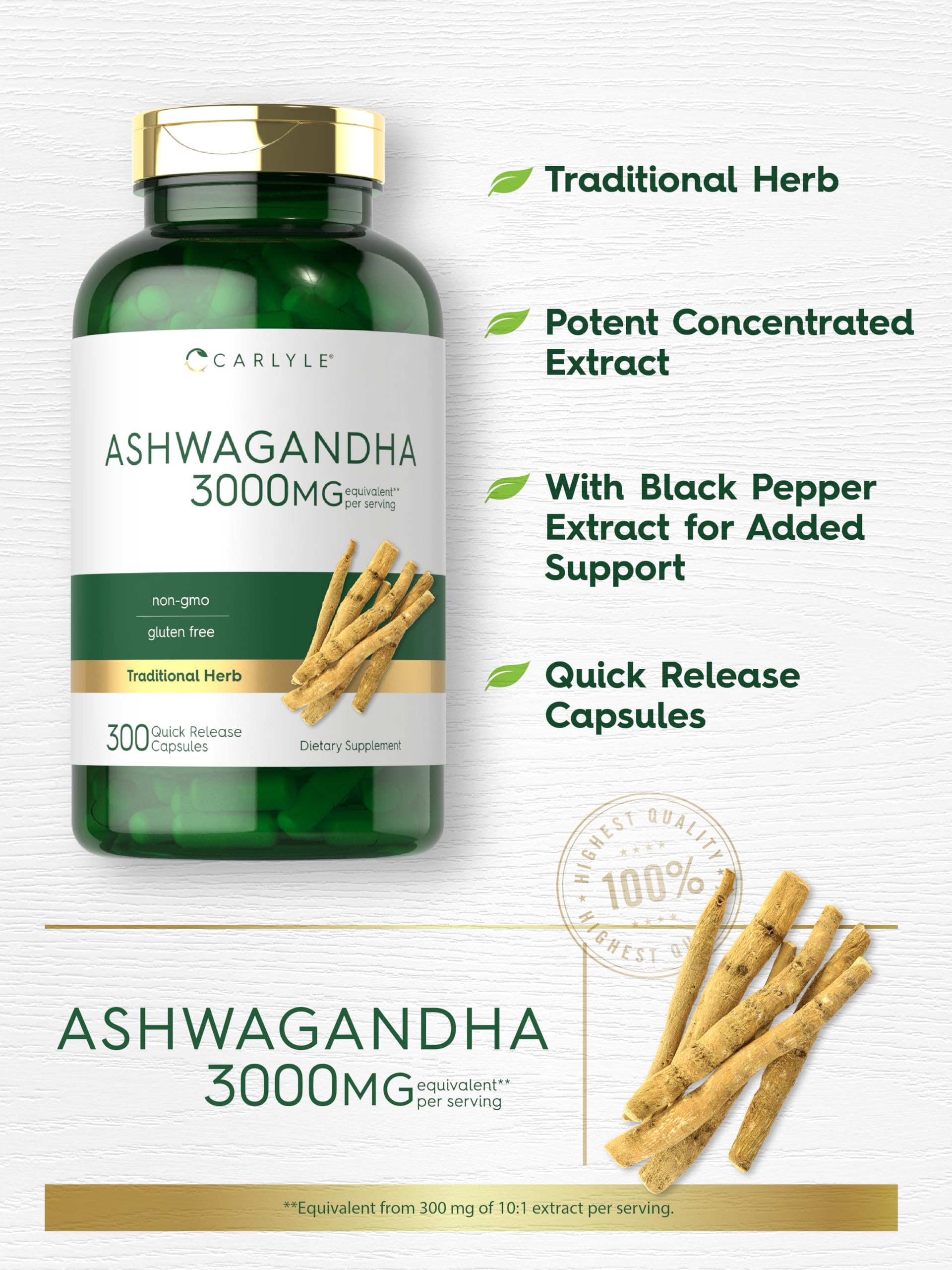 Carlyle Ashwagandha Supplement 3000mg | 300 Capsules | Root Extract Supplement | Non-GMO, Gluten Free