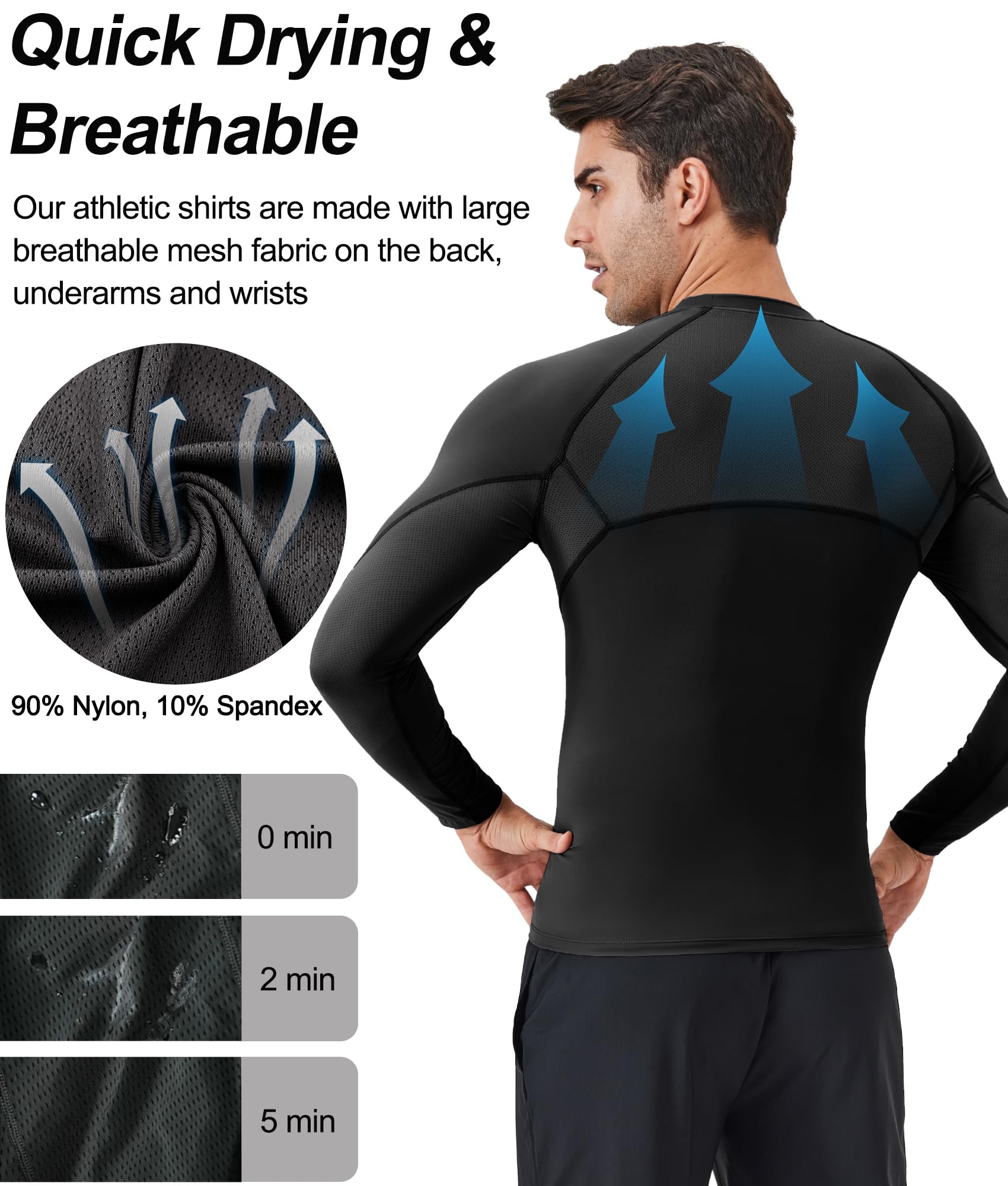 SPVISE Black Compression Long Sleeve Shirt Men Performance Workout Running T-Shirts Breathable Gym Compression Tops for Men