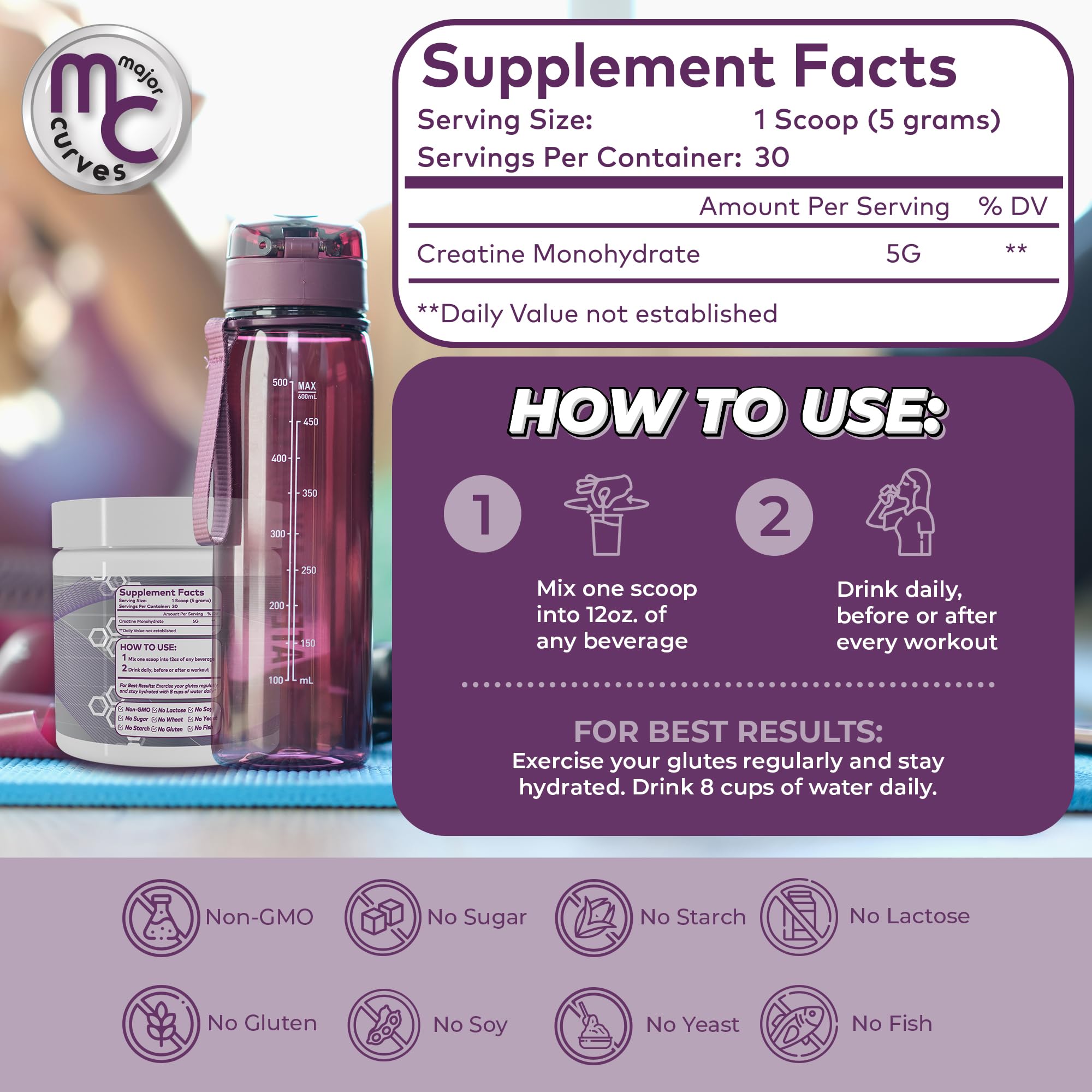 Major Curves Booty Building Creatine Powder for Women - Micronized Monohydrate The One Sol ution for Maximum Absorption and Gains - Unflavored Perfect Peach Booty and Bum Builder