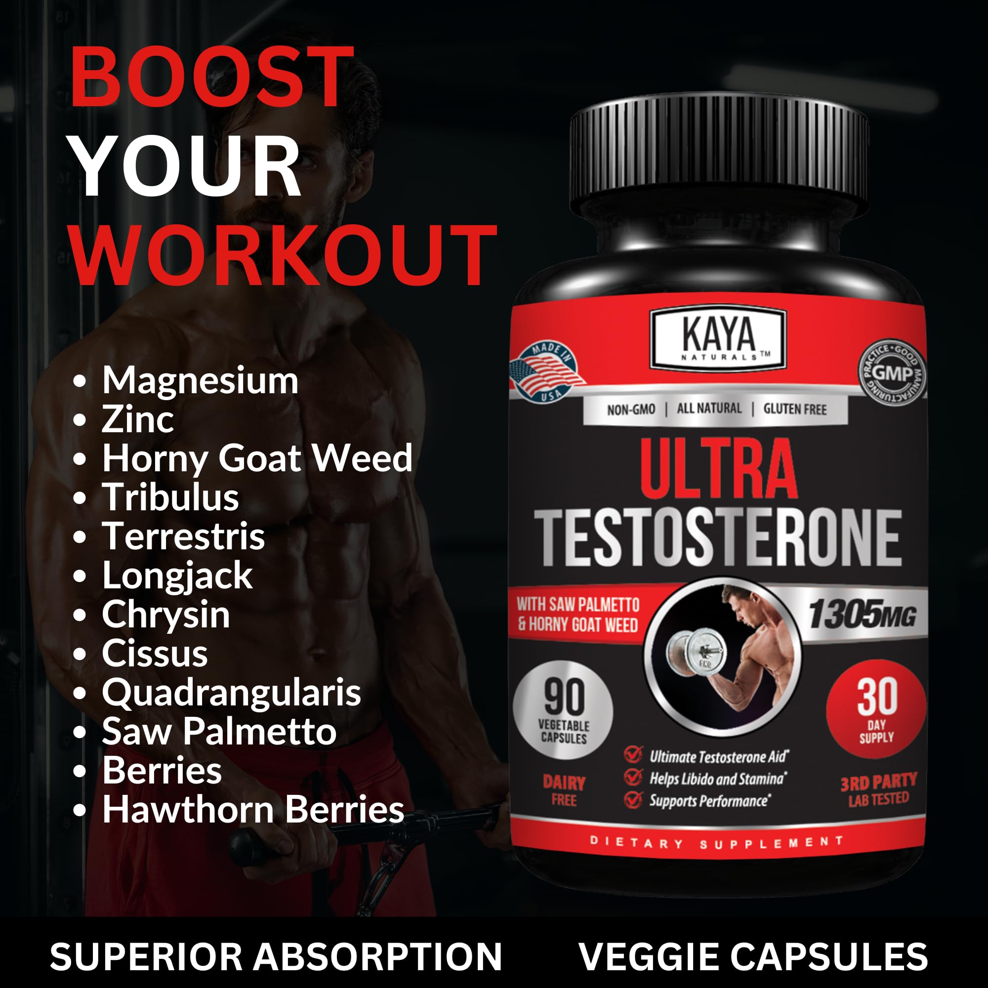 Kaya Naturals Ultra Testosterone - Men's Testosterone Booster with Tongkat Ali, Horny Goat Weed, Tribulus - Natural Workout Supplement for Energy, Stamina, and Strength Booster - 90 Count