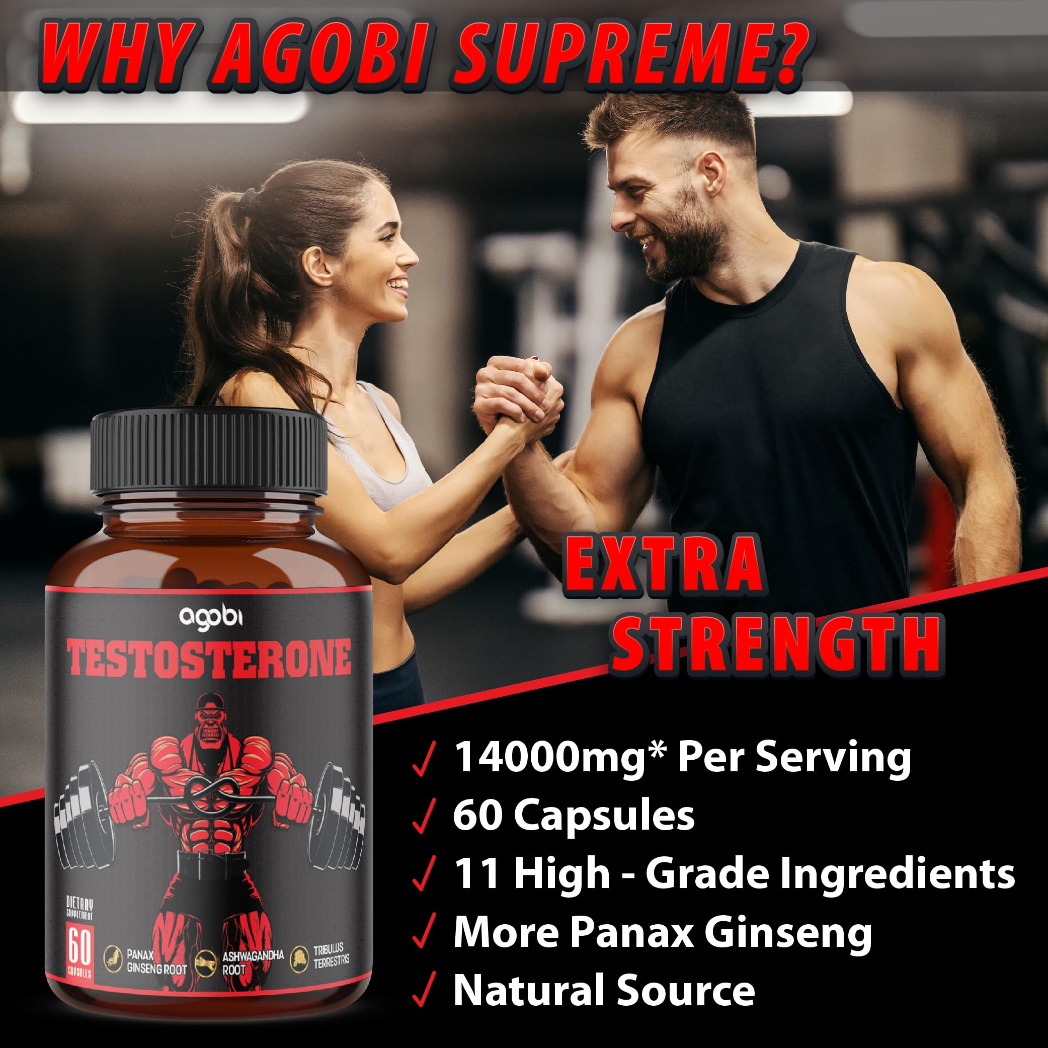 agobi Testosterone Supplement for Men - 11 Potent Herbs - Ashwagandha, Tribulus, Ginseng & More - 60 Capsules for 1 Month