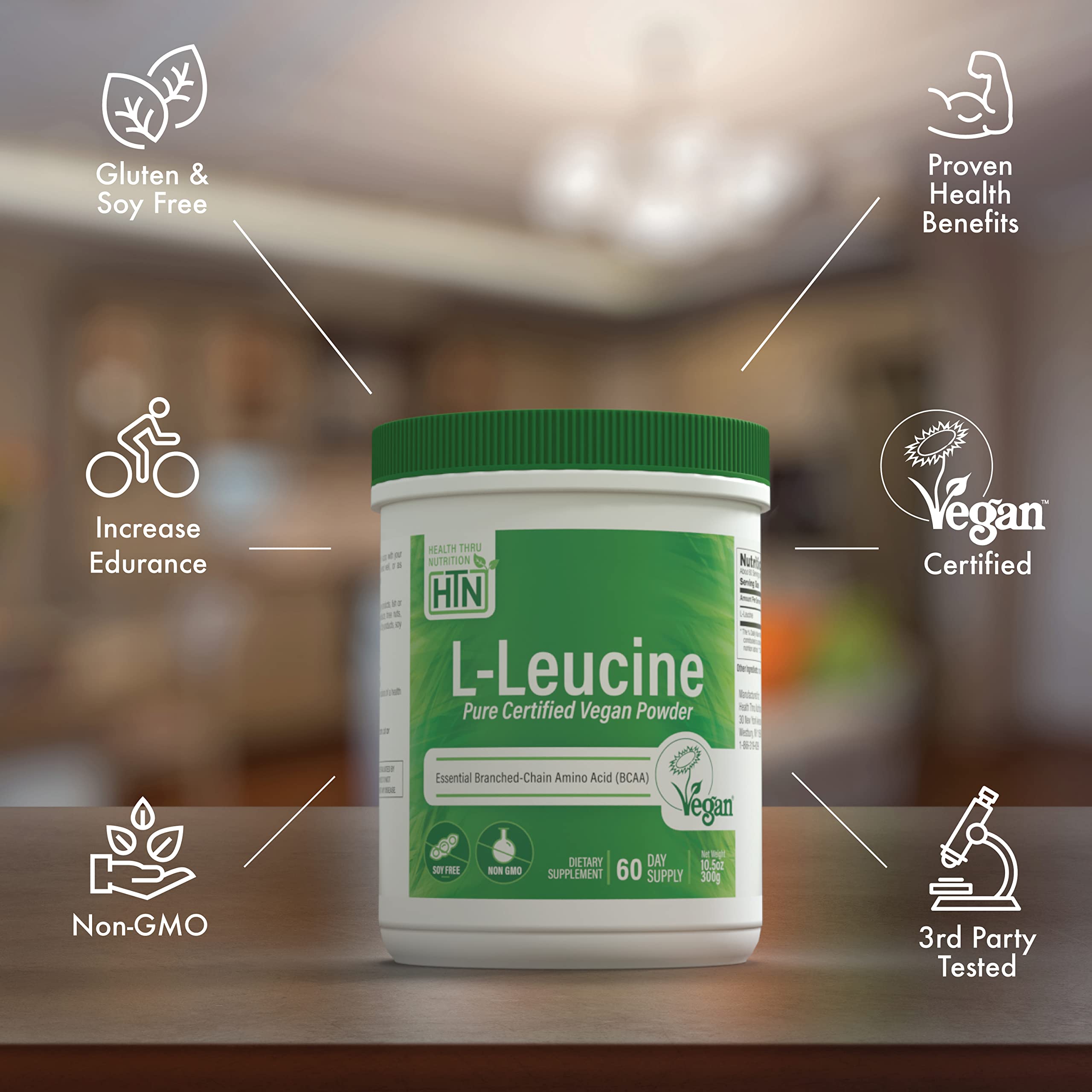 Health Thru Nutrition Pure L-Leucine Powder 300g | Certified Vegan | Fermented | Non-GMO | Essential BCAA | 3rd Party Tested | 5 Grams per Serving | (60 Servings)