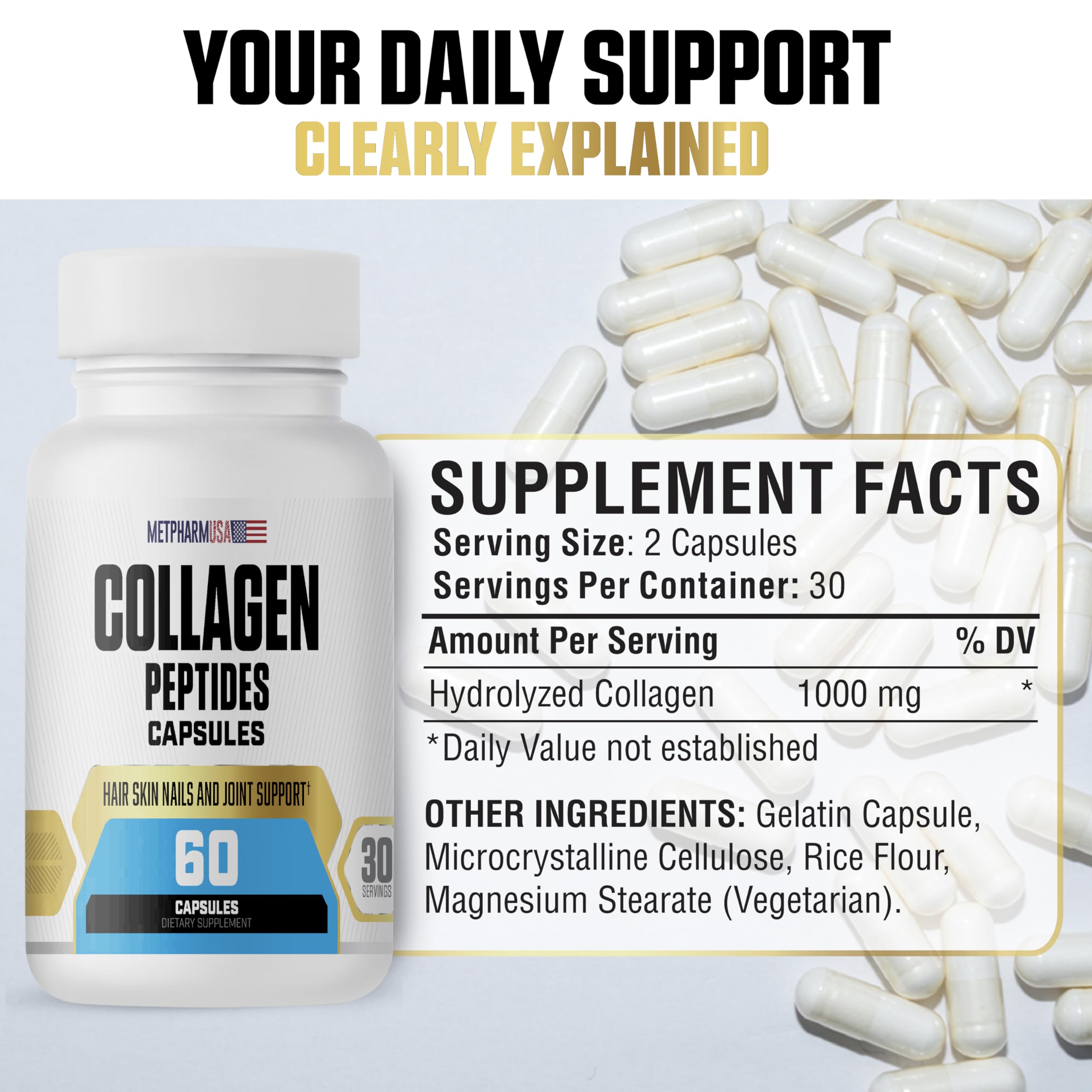 MetpharmUSA Collagen Peptides Capsu;ES, 1000 mg, Hair Skin Nails and Joint Support, 30 Servings