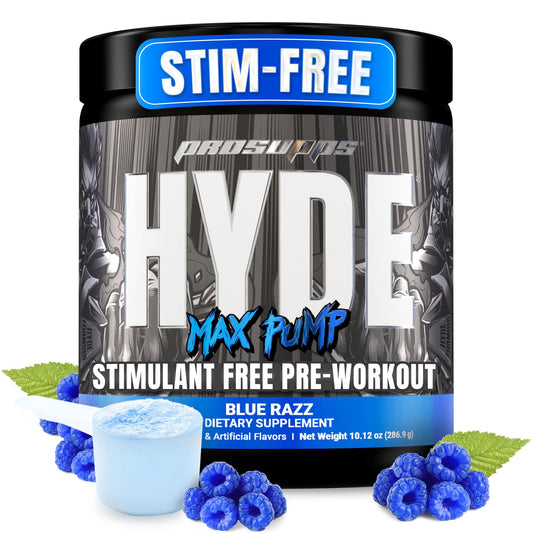 PROSUPPS Mr. Hyde Max Pump Pre Workout Powder - Stim-Free Preworkout Supports Blood Flow, Muscle Volume & Endurance - Caffeine-Free Nitric Oxide Gym & Fitness Supplements (Blue Razz, 20 Servings)