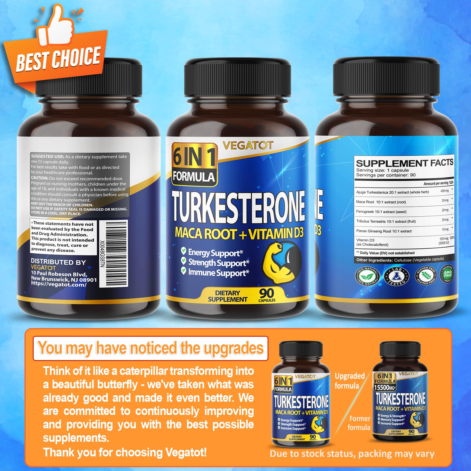 VEGATOT 6 in 1 High Strength Turkesterone 15500 mg Concentrated Extract with Maca Root Fenugreek Tribulus Boost Energy Stamina 3-Month Supply (60 Count (Pack of 1))
