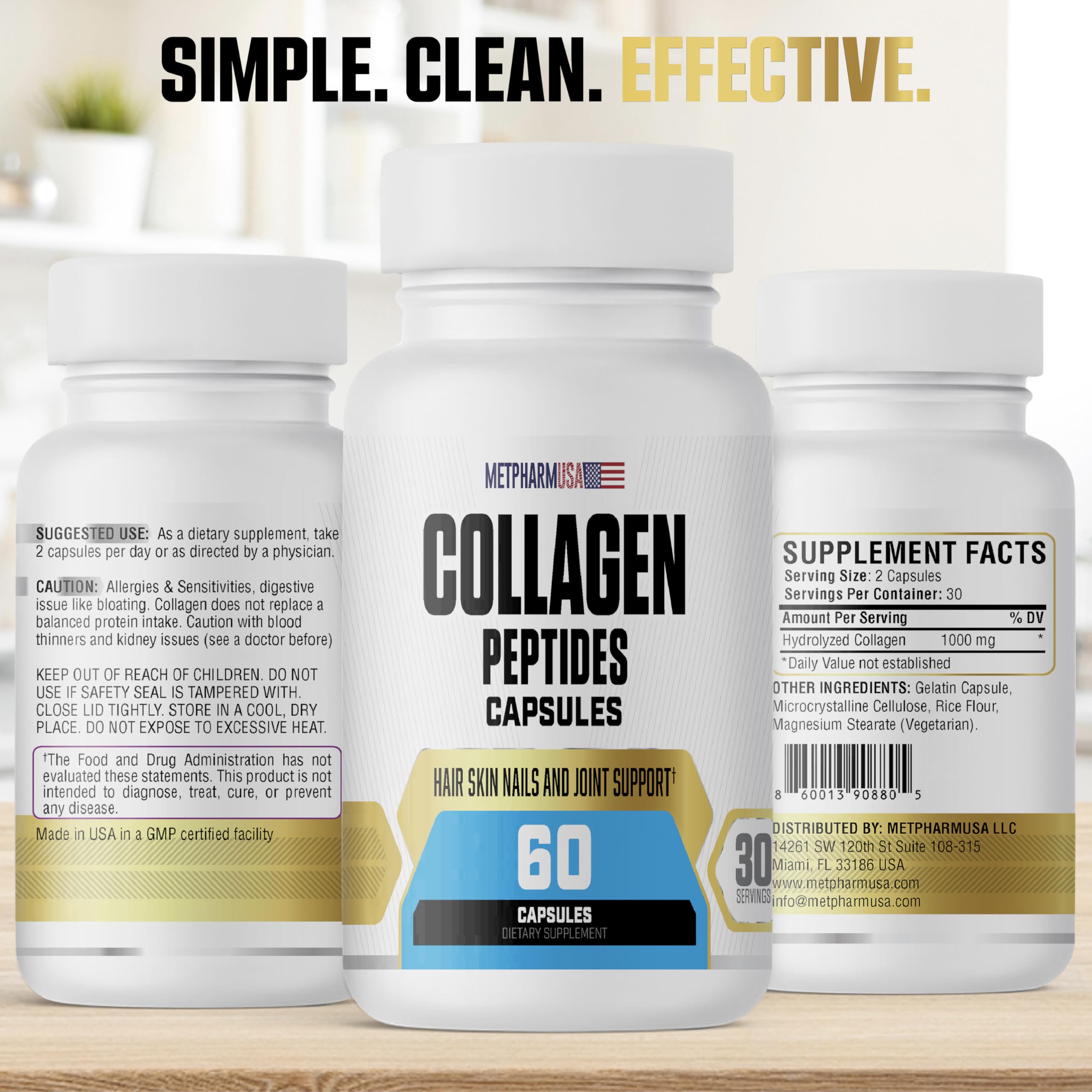 MetpharmUSA Collagen Peptides Capsu;ES, 1000 mg, Hair Skin Nails and Joint Support, 30 Servings