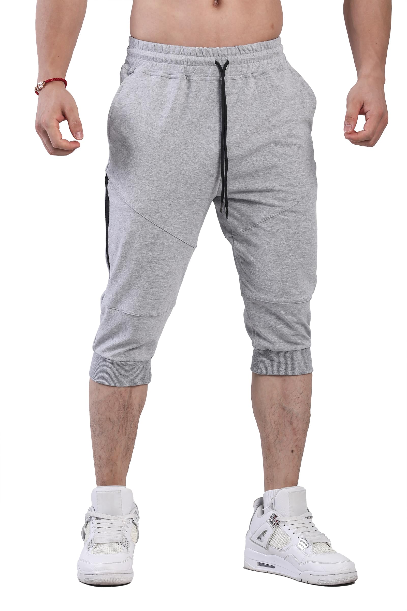 FIRSTGYM Mens 3/4 Tapered Fit Jogger Pants Casual Workout Gym Capris Jogger Shorts Light Grey