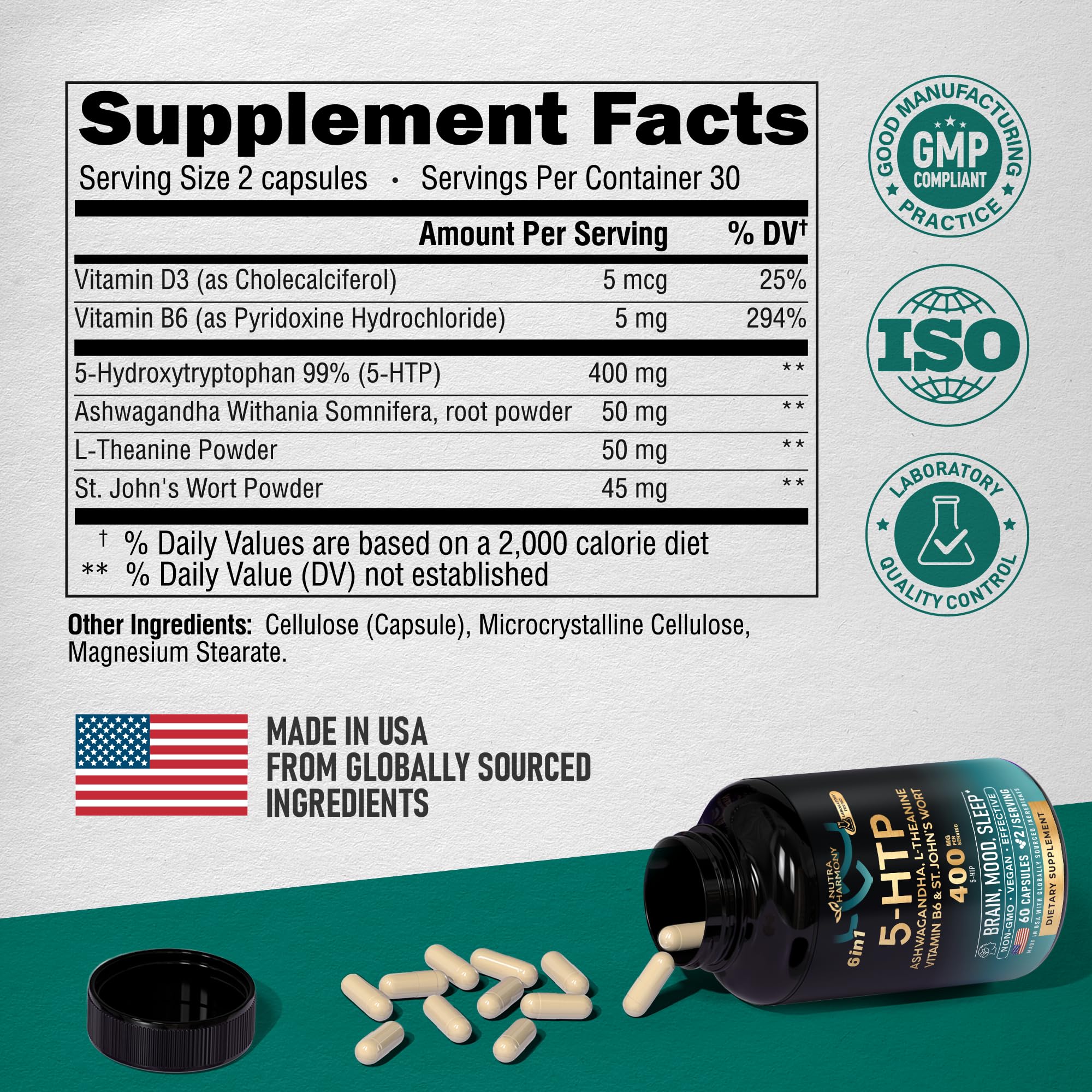 5HTP 400 mg Capsules - 5-HTP Supplement Tryptophan - Ashwagandha | L-Theanine | St. John's Wort | Vitamins B6 & D3 | 5 HTP - Sleep, Mood & Brain Support - NON-Habit Forming & Drug-Free - 60 Capsules