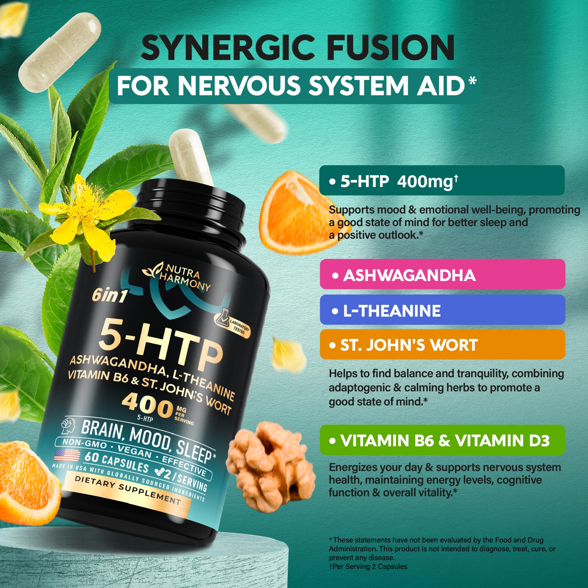 5HTP 400 mg Capsules - 5-HTP Supplement Tryptophan - Ashwagandha | L-Theanine | St. John's Wort | Vitamins B6 & D3 | 5 HTP - Sleep, Mood & Brain Support - NON-Habit Forming & Drug-Free - 60 Capsules