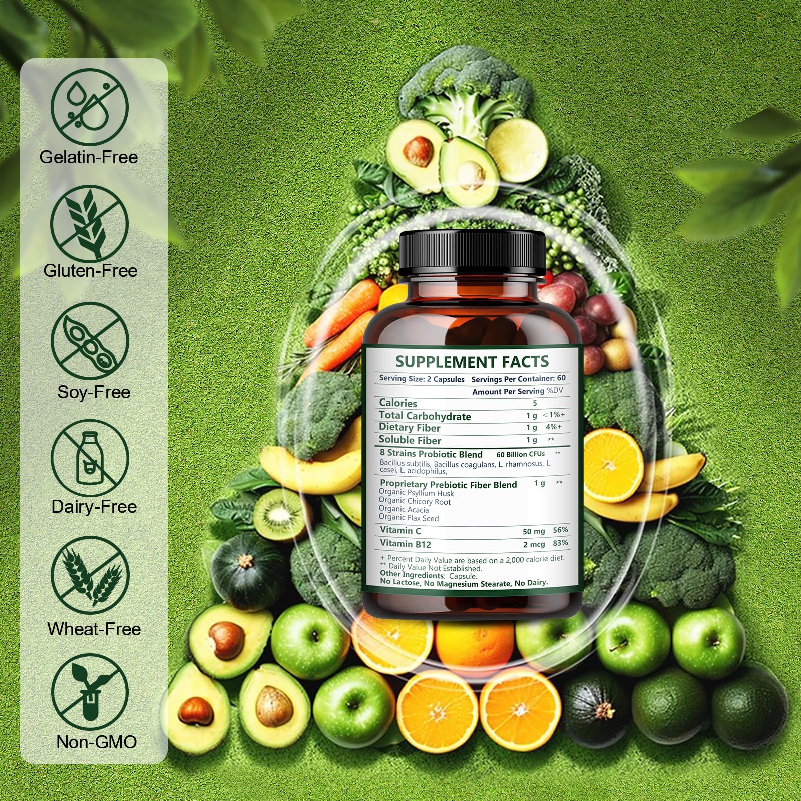 Probiotics for Women & Men Digestive Health with Prebiotic Fiber - Fiber Supplement with 60 Billion Probiotic for Regularity & Gut Cleanse - Supports Occasional Constipation - 120 Veggie Capsules