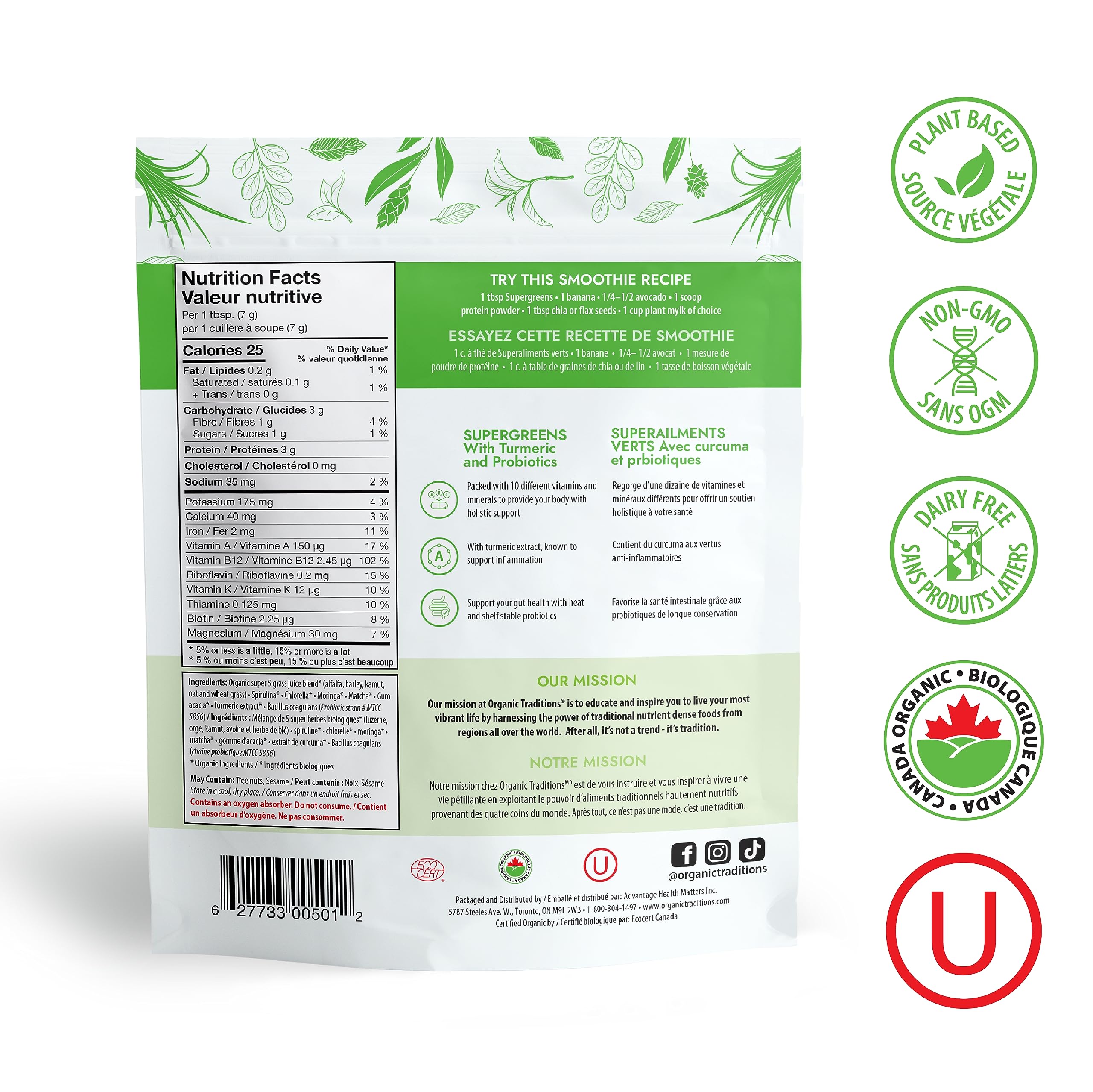 Organic Traditions Super Greens Powder Superfood with Turmeric, Organic Greens Superfood Powder, 100g/3.5oz Bag