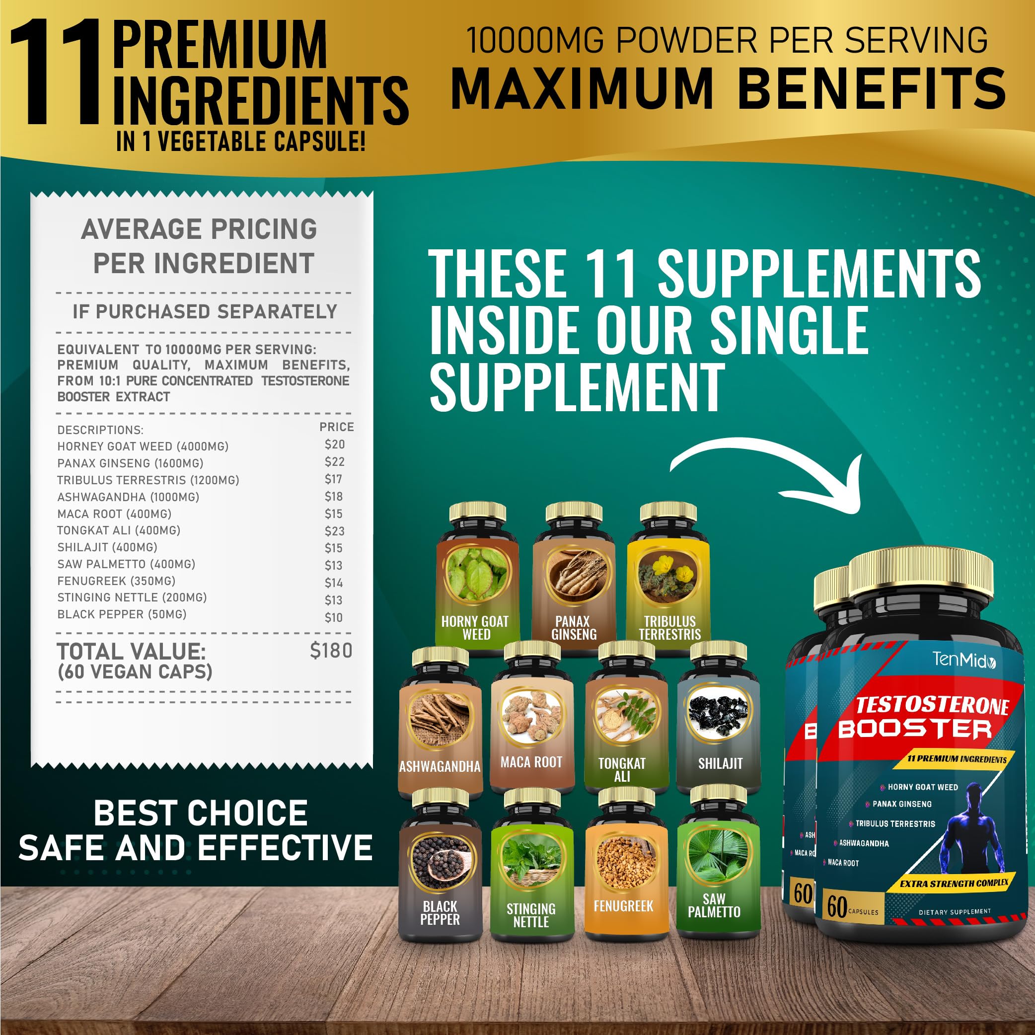 Tenmido 2 Packs of 60caps Testosterone Supplements Booster for Men, Equivalent to 10000mg - Natural Stamina, Endurance & Strength Supplement - Muscle Building Growth, Increasing Performance, Energy
