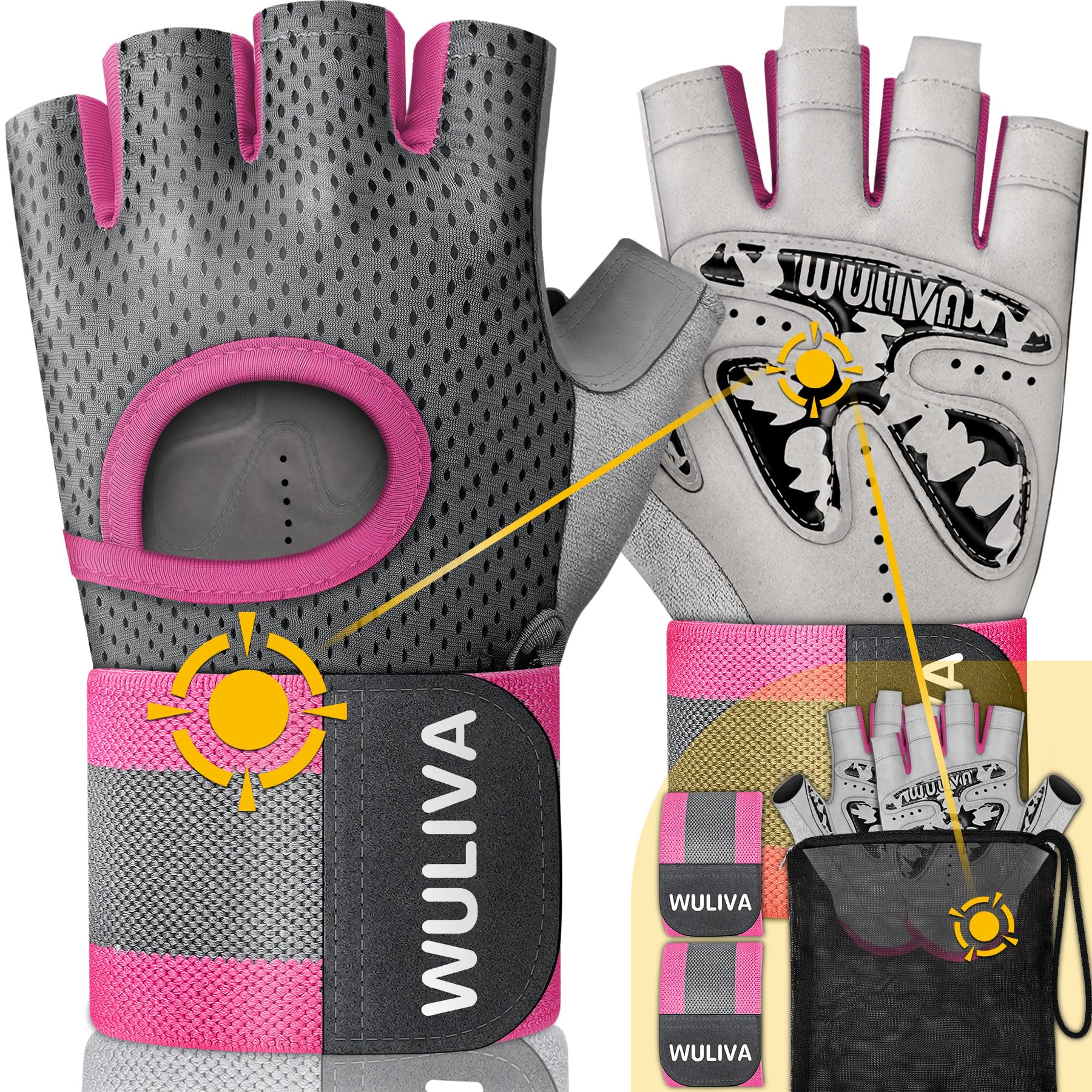 WULIVA Workout Gloves for Men and Women - Ideal for Light & Medium Gym Exercise Training & Cycling, Includes Padded Design, Detachable Wrist Strap & Storage Mesh Bag