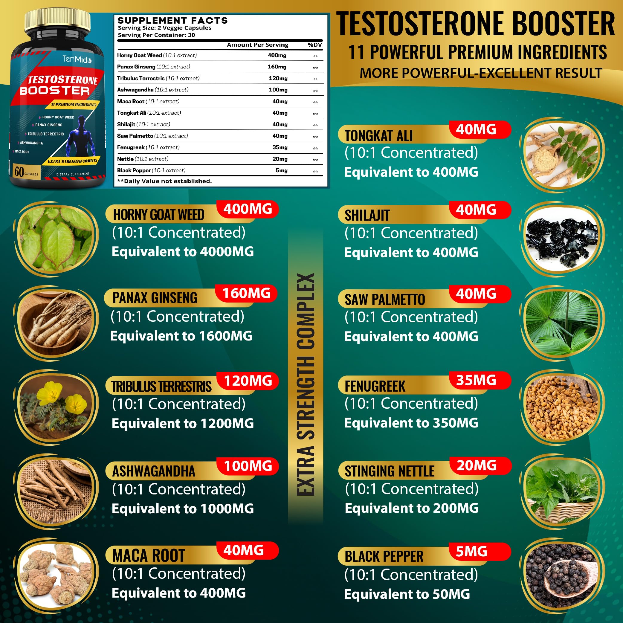 Tenmido 2 Packs of 60caps Testosterone Supplements Booster for Men, Equivalent to 10000mg - Natural Stamina, Endurance & Strength Supplement - Muscle Building Growth, Increasing Performance, Energy
